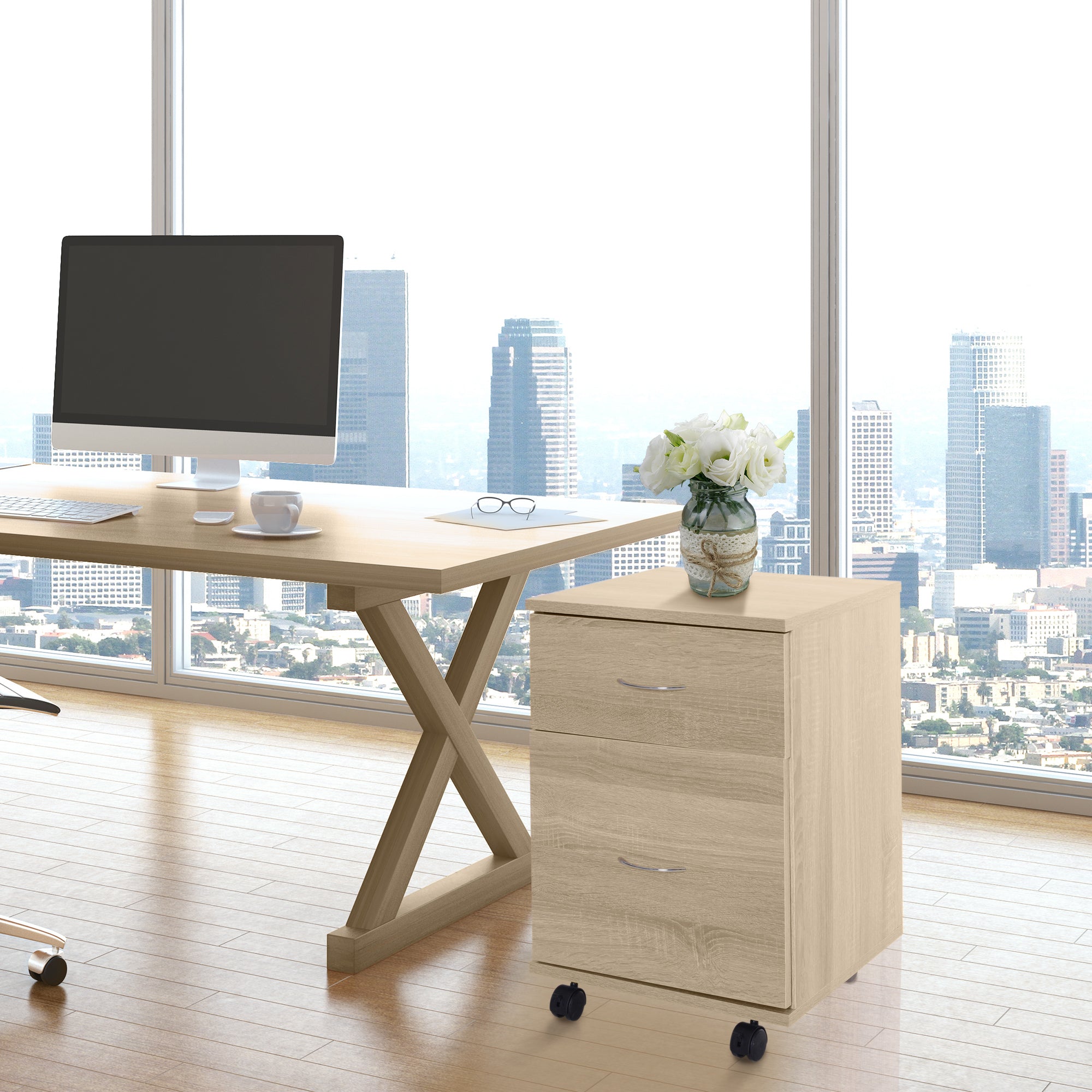 HOMCOM 2 Drawer Filing Cabinet with Wheels, Mobile Filing Cabinet for Home Office, Small Printer Stand, Oak