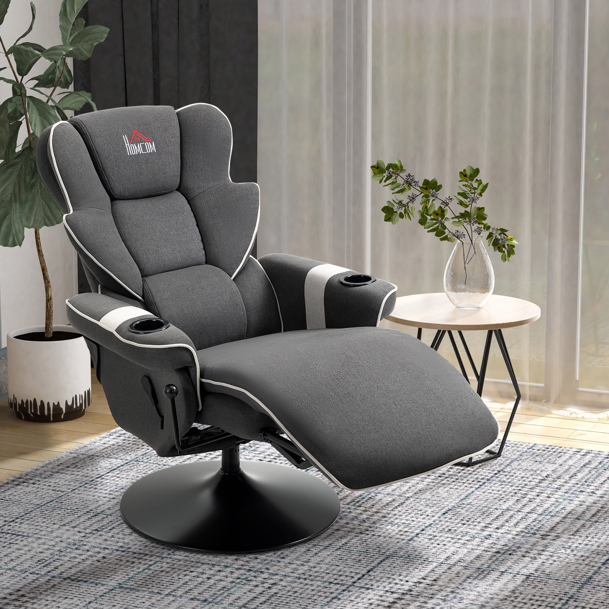 Manual Recliner Swivel Lounge Armchair with Footrest and Two Cup Holders Black