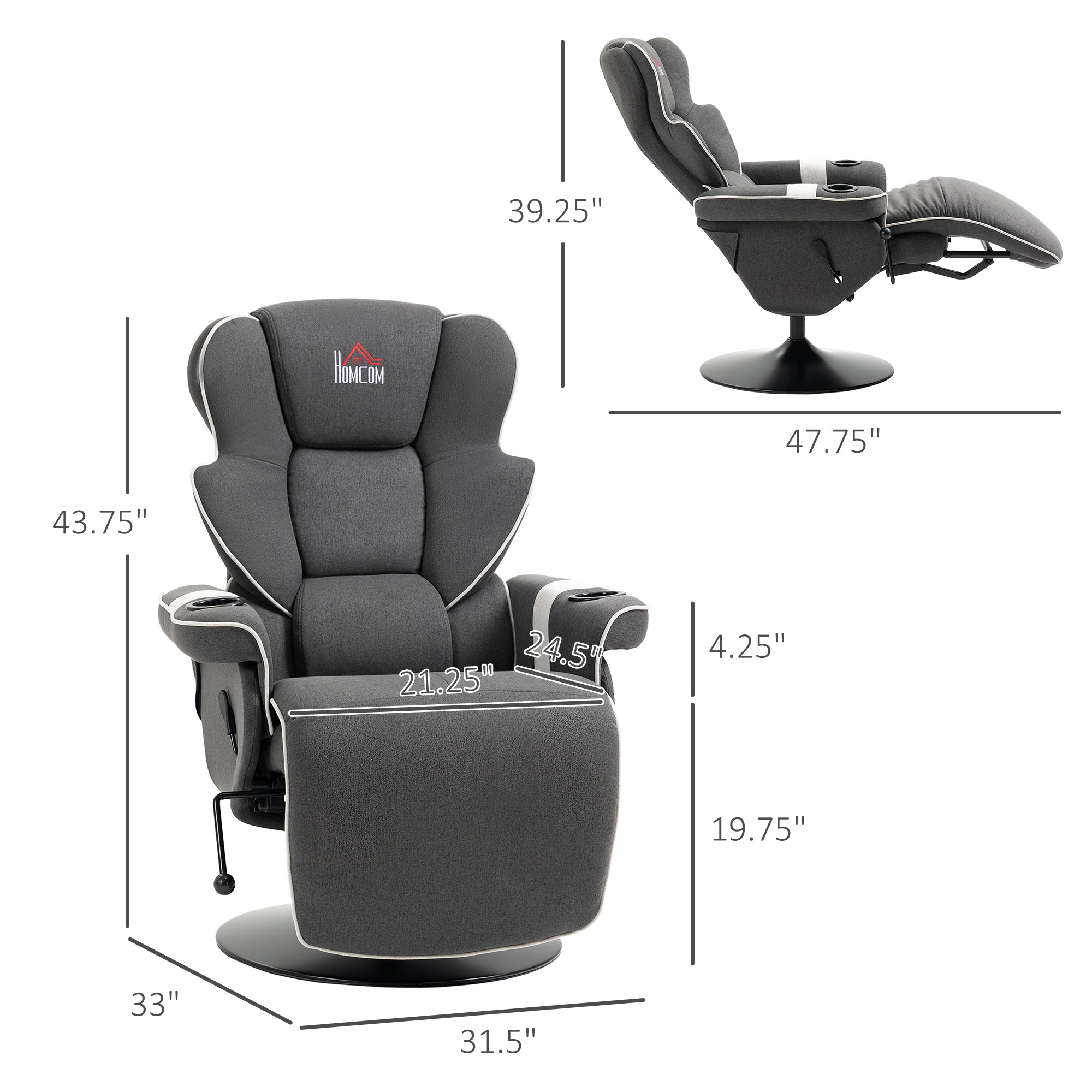 Manual Recliner Swivel Lounge Armchair with Footrest and Two Cup Holders Black