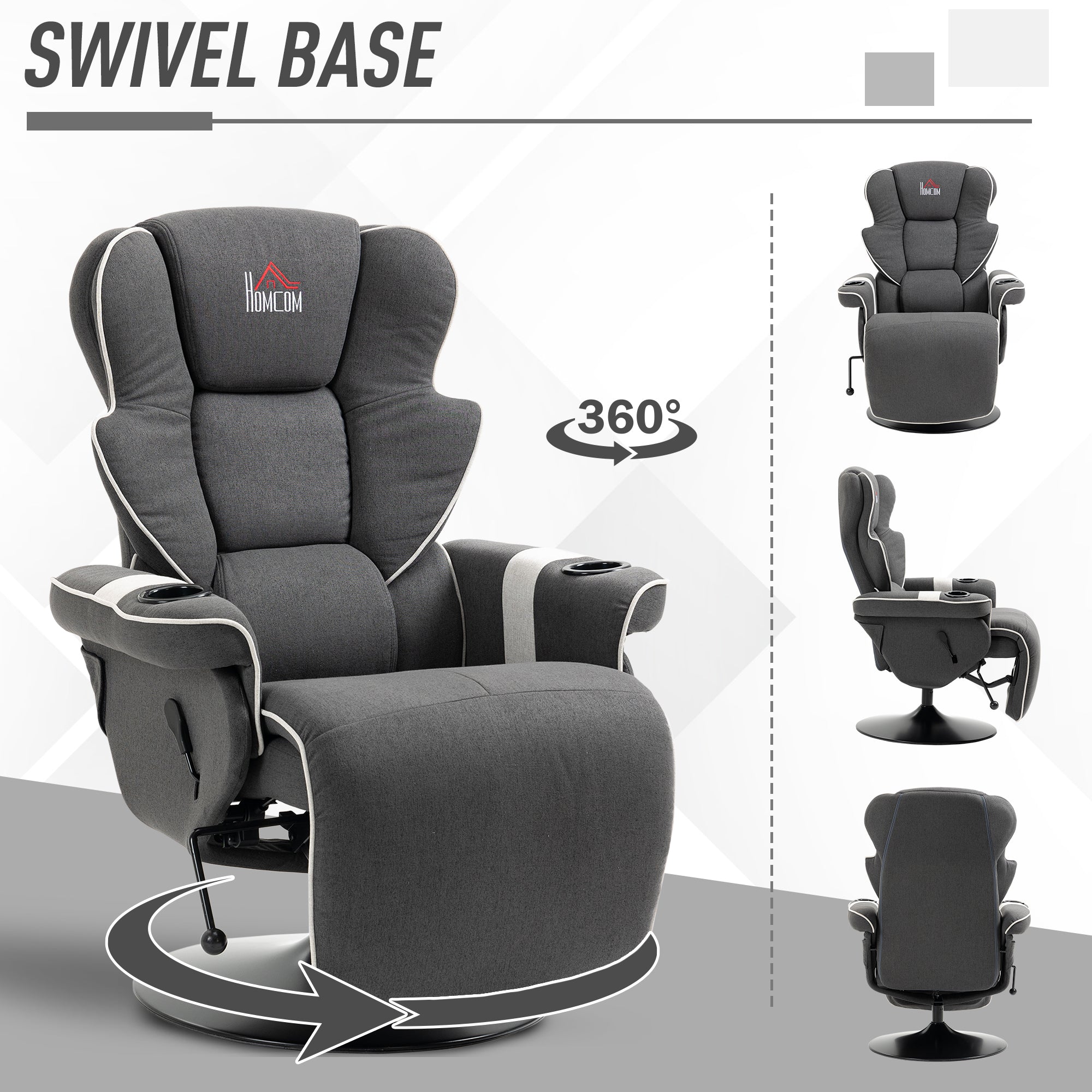 Manual Recliner Swivel Lounge Armchair with Footrest and Two Cup Holders Black