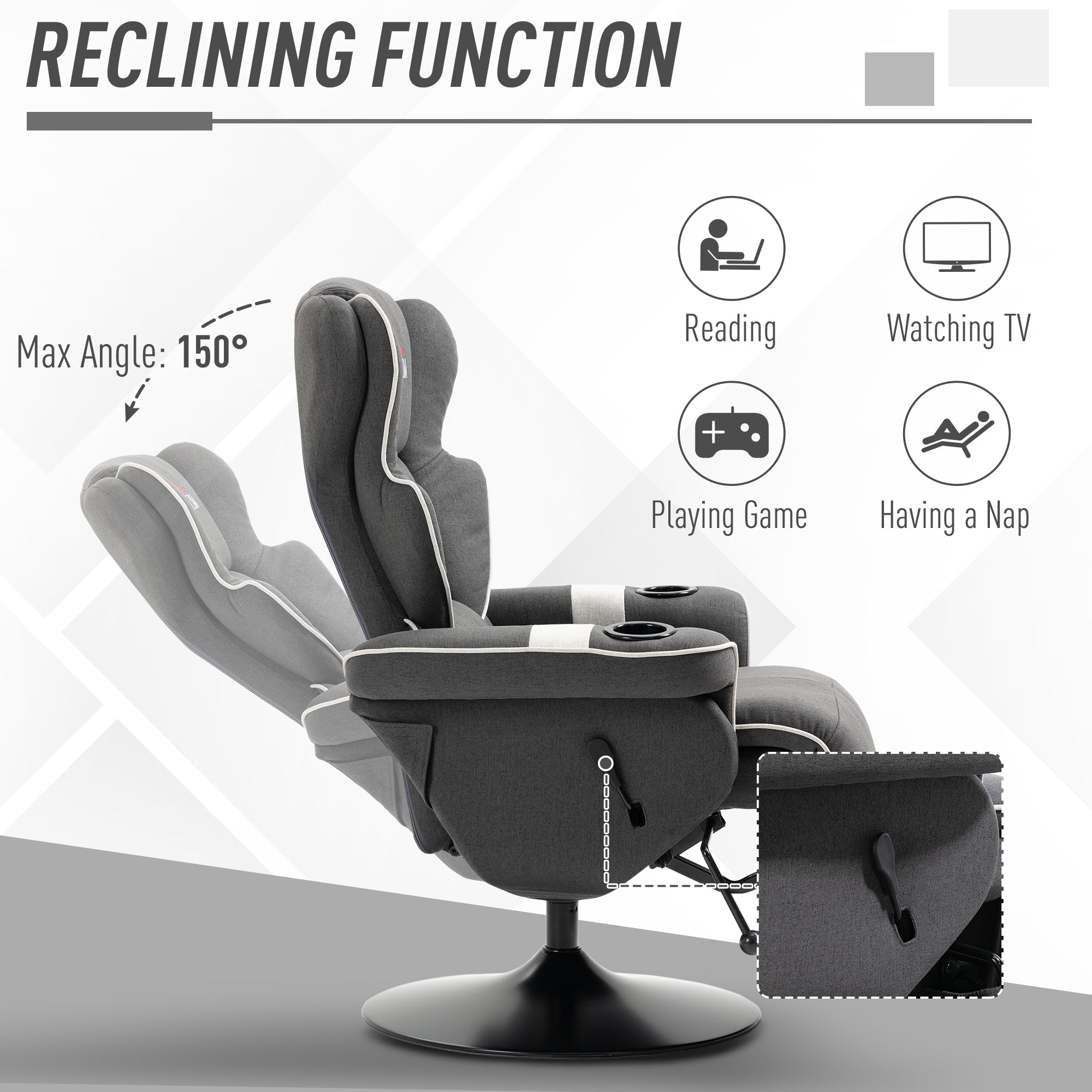 Manual Recliner Swivel Lounge Armchair with Footrest and Two Cup Holders Black