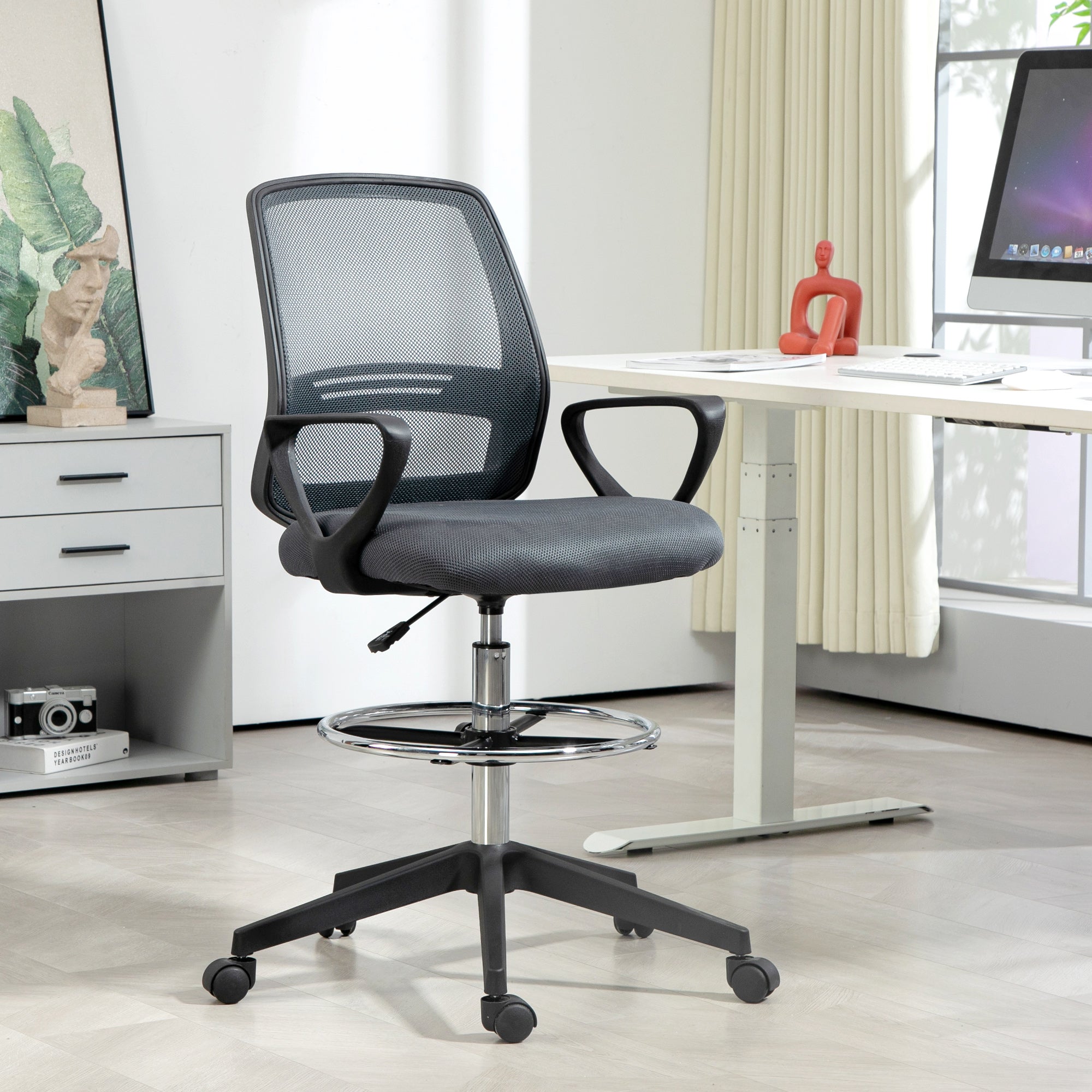 Vinsetto Ergonomic Mesh Back Drafting Chair, Tall Office Chair, Draughtsman Chair with Adjustable Height and Footrest 360° Swivel, Grey