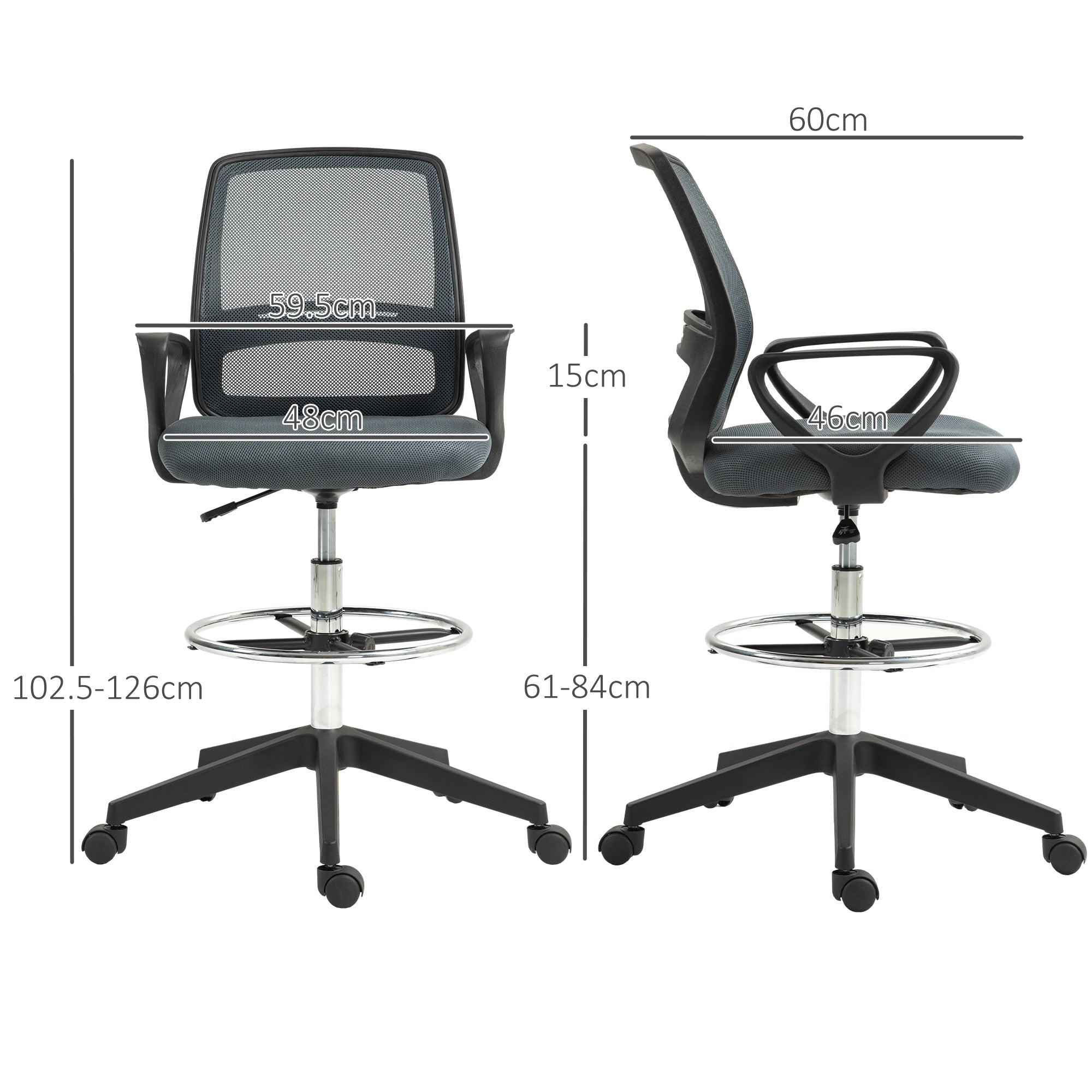 Vinsetto Ergonomic Mesh Back Drafting Chair, Tall Office Chair, Draughtsman Chair with Adjustable Height and Footrest 360° Swivel, Grey