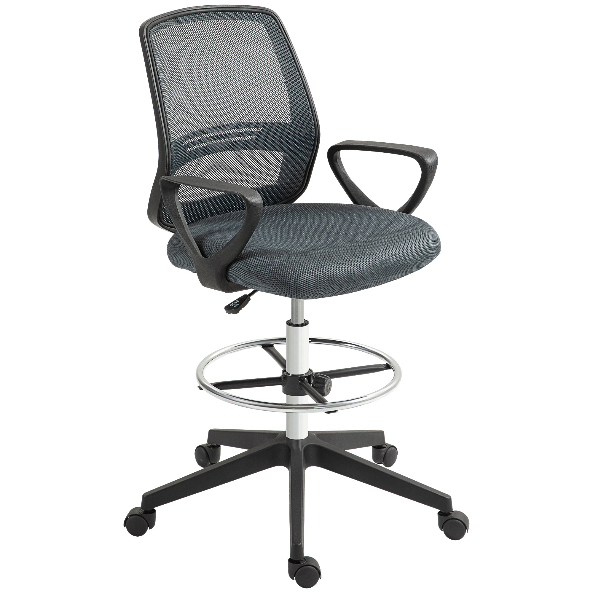 Vinsetto Ergonomic Mesh Back Drafting Chair, Tall Office Chair, Draughtsman Chair with Adjustable Height and Footrest 360° Swivel, Grey