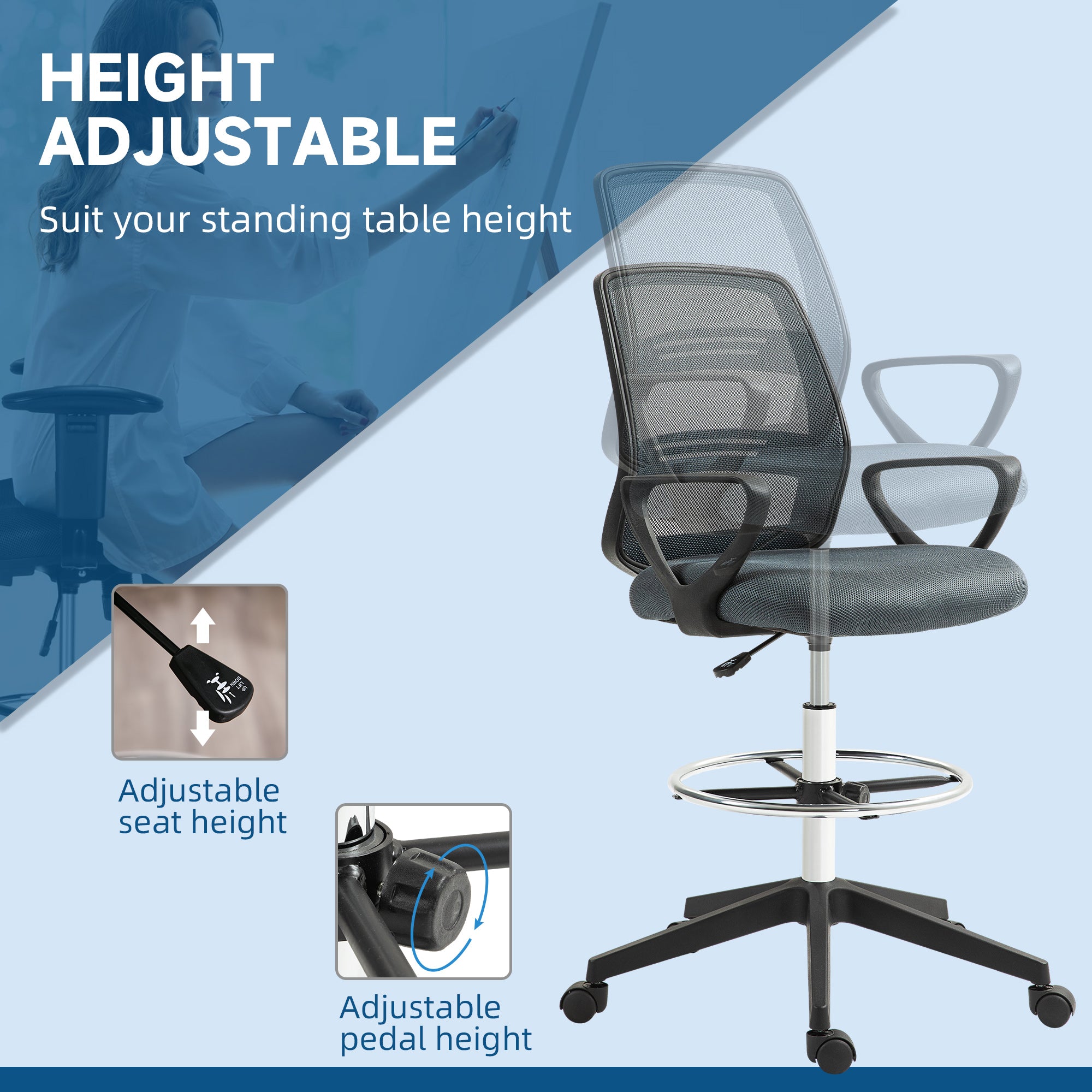 Vinsetto Ergonomic Mesh Back Drafting Chair, Tall Office Chair, Draughtsman Chair with Adjustable Height and Footrest 360° Swivel, Grey