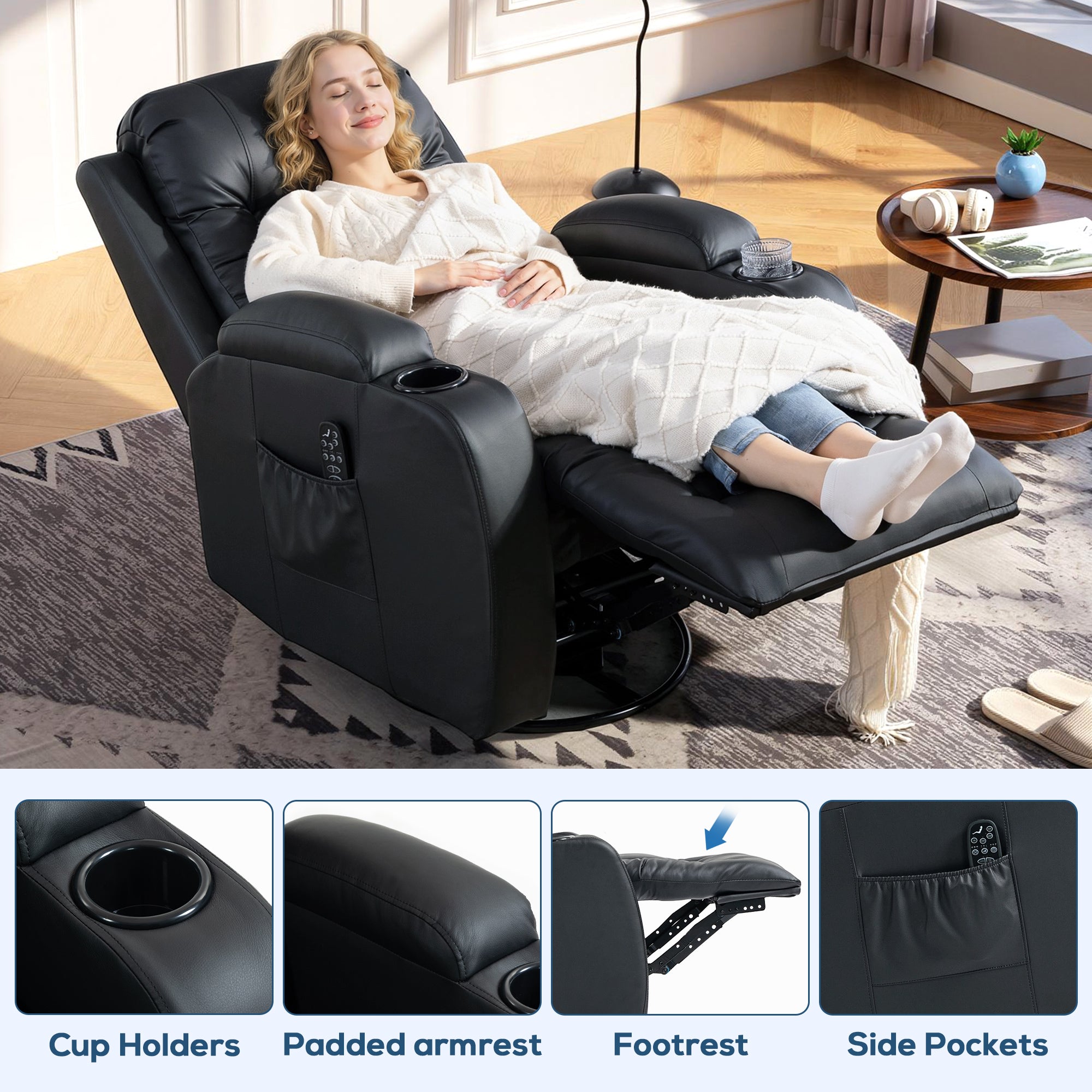 Recliner Armchair with Massage & Heat, PU Leather Recliner Chair with Extended Footrest, Cup Holders and Side Pockets, Swivel Rocking Manual Reclining Chair for Living Room, Black