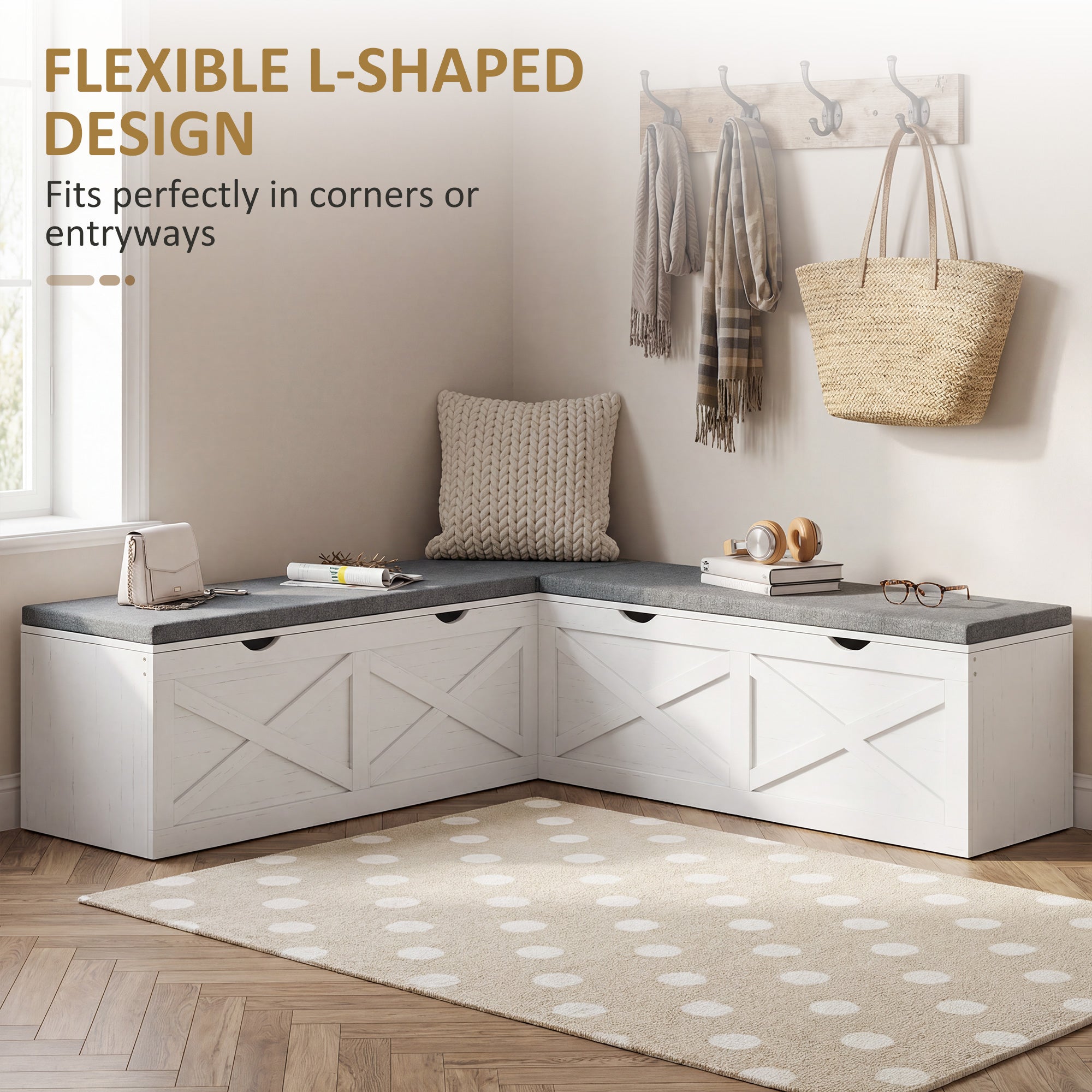 L-Shaped Shoe Bench with Padded Cushion, Modular Shoe Storage Bench with 5 Storage Compartments, Soft-Closing Design, Entryway Corner Bench for Hallway, White