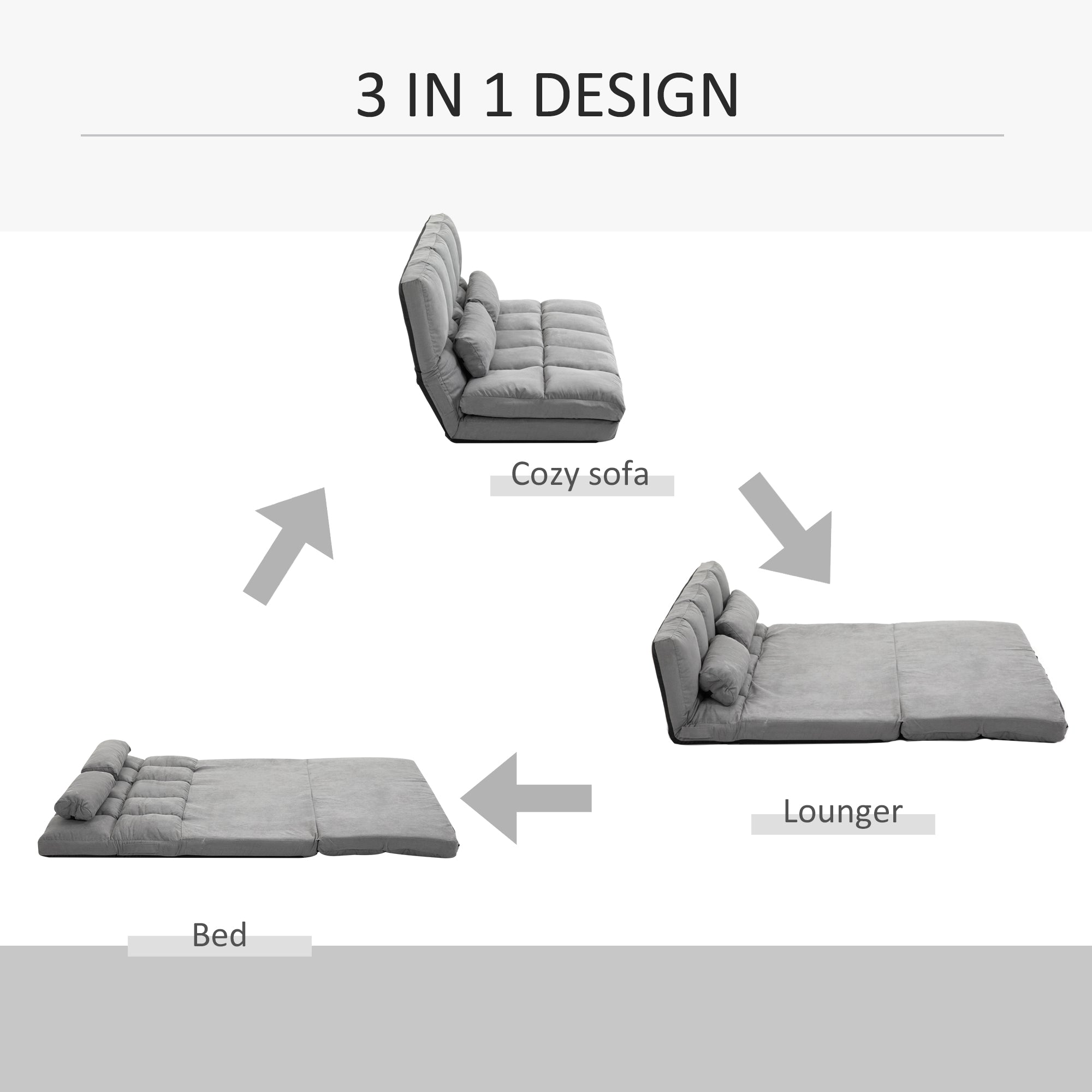 40.25" Convertible Floor Sofa Chair, Adjustable Folding Couch Bed w/ 2 Pillows, Light Gray