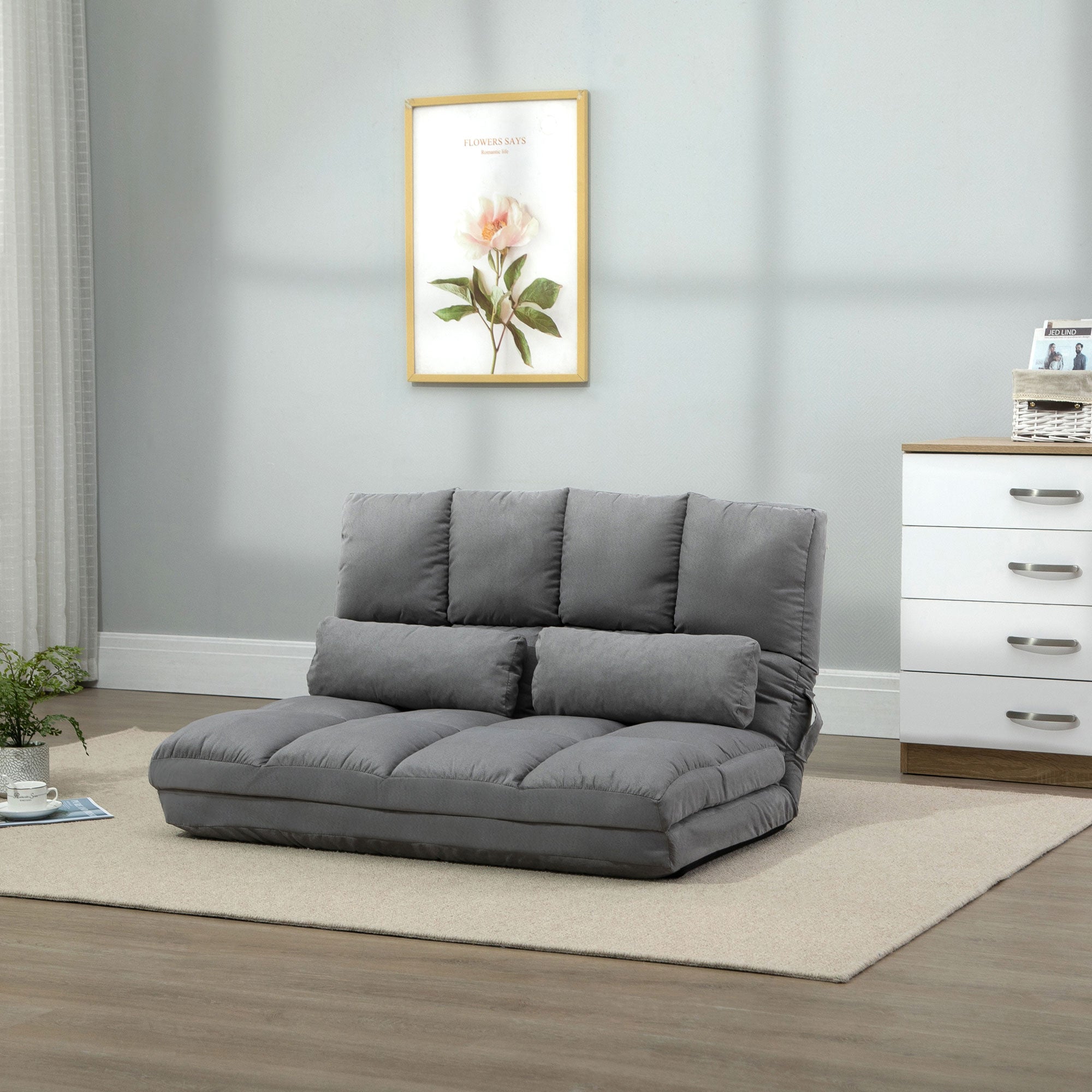 40.25" Convertible Floor Sofa Chair, Adjustable Folding Couch Bed w/ 2 Pillows, Light Gray