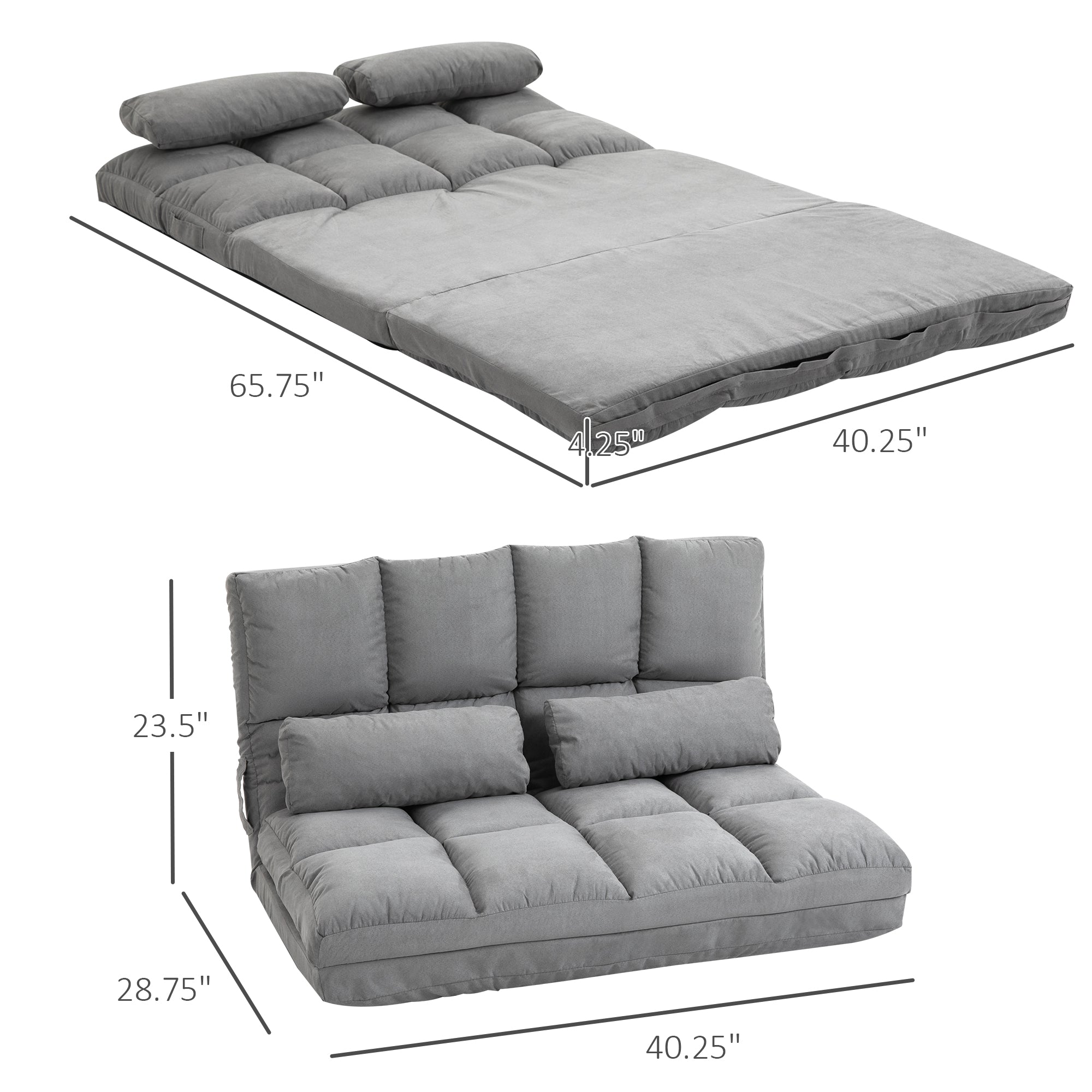 40.25" Convertible Floor Sofa Chair, Adjustable Folding Couch Bed w/ 2 Pillows, Light Gray