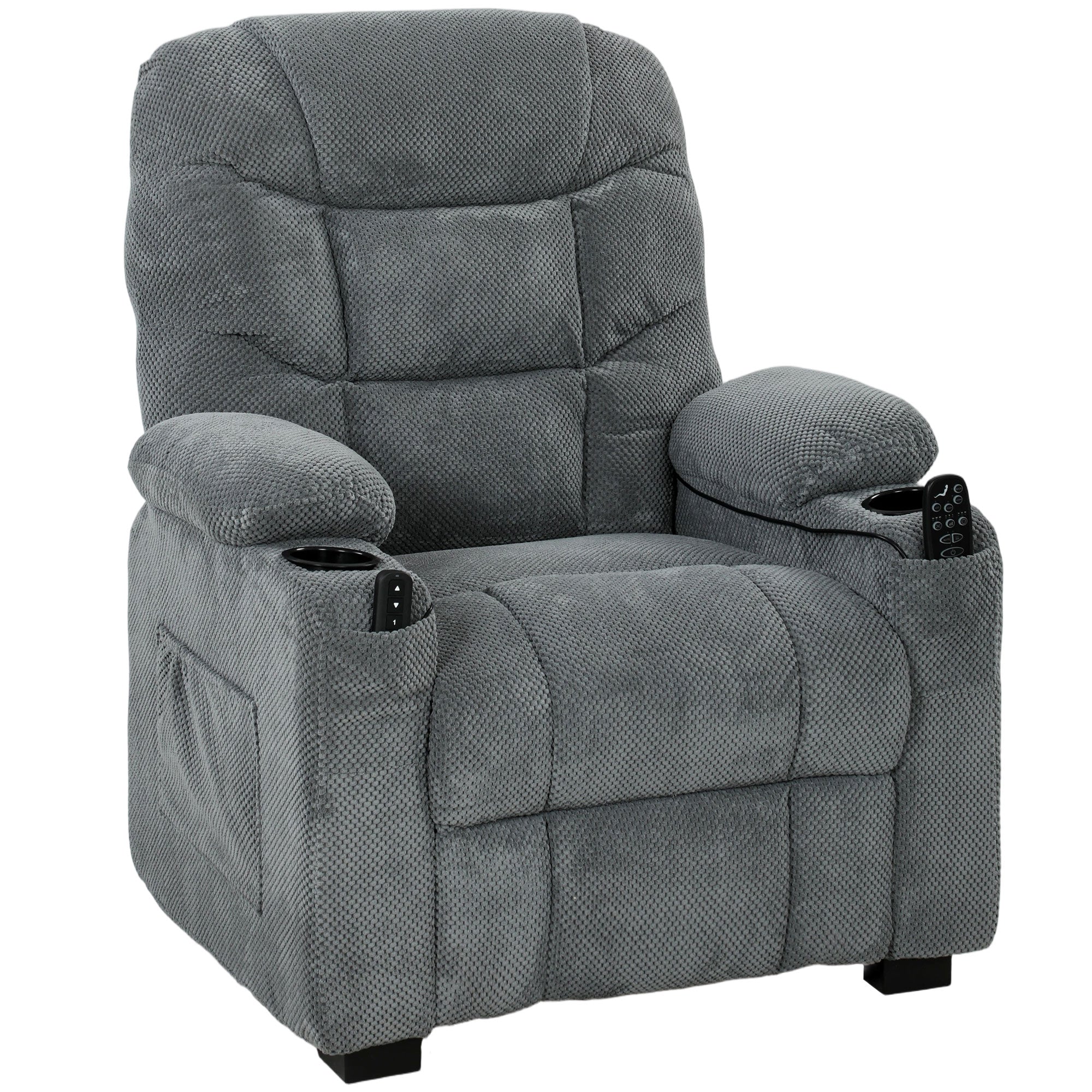 Recliner Armchair with Vibration Massage, Heat, Whisper-Quiet Motor, Memory Function, Fleece Power Reclining Chair with Spring Pack, USB Port, Footrest, Side Pockets, Cup Holders, Dark Grey