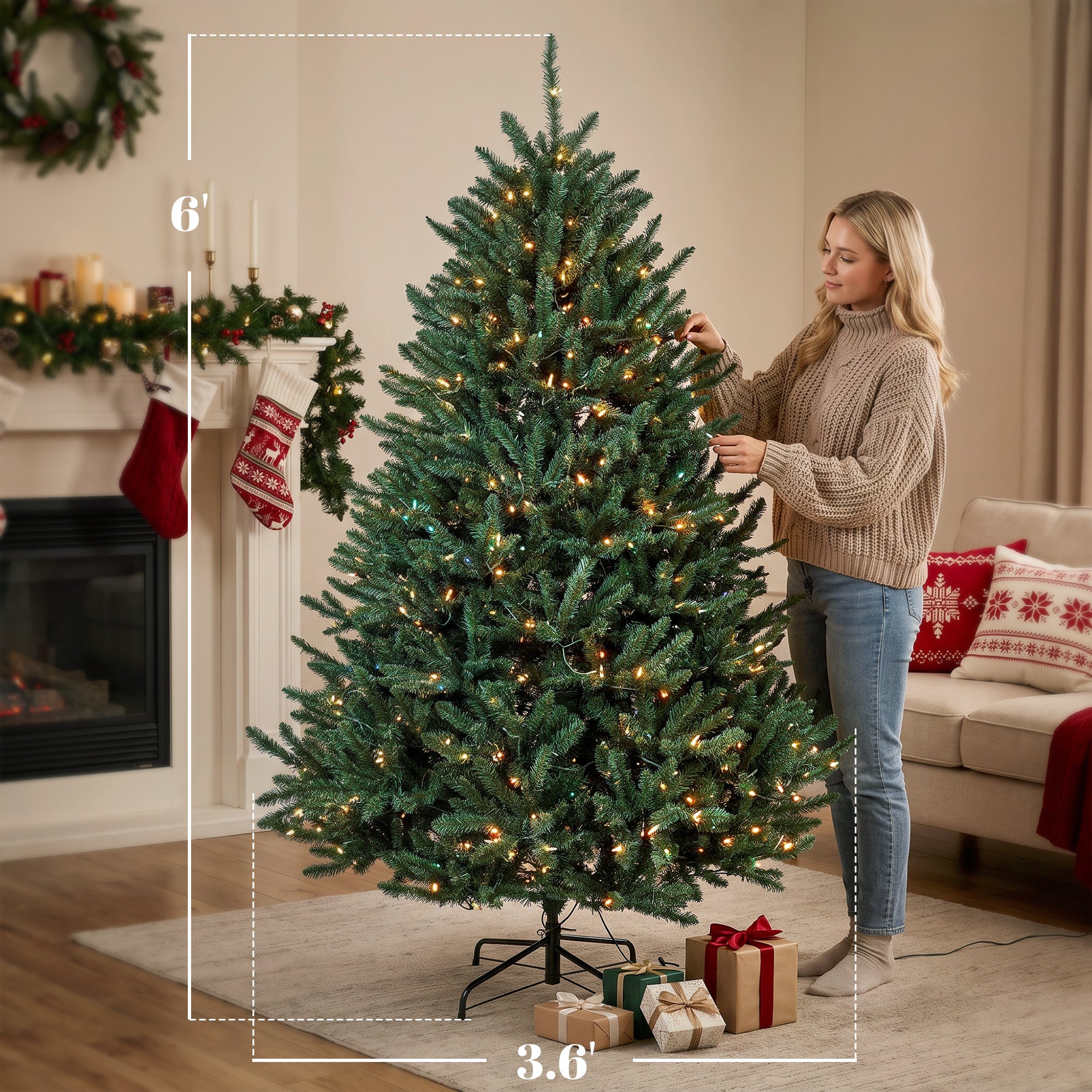 6ft Prelit Christmas Tree, Wide Colorado Blue Spruce, Easy Plug, Artificial Hinged Xmas Tree with 480 Warm White & Multi-Color LED Lights, 1492 Tips, Foldable Metal Stand for Holiday, Green