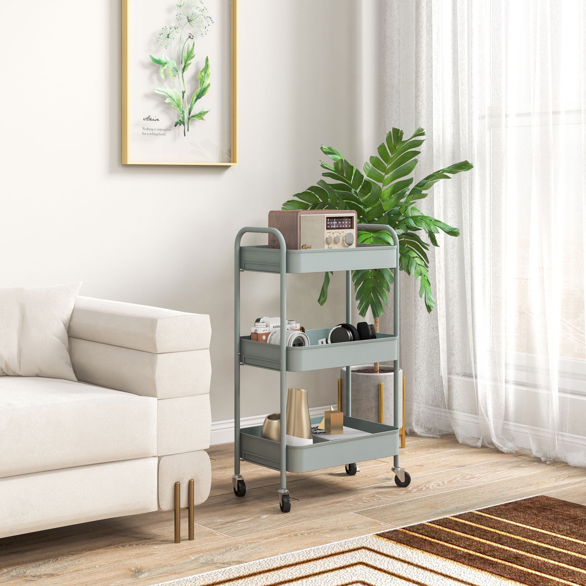 HOMCOM 3-tier Storage Trolley on Wheels, Metal Storage Cart, Rolling Ultility Cart with 3 Mesh Baskets for Living Room, Kitchen, Light Blue