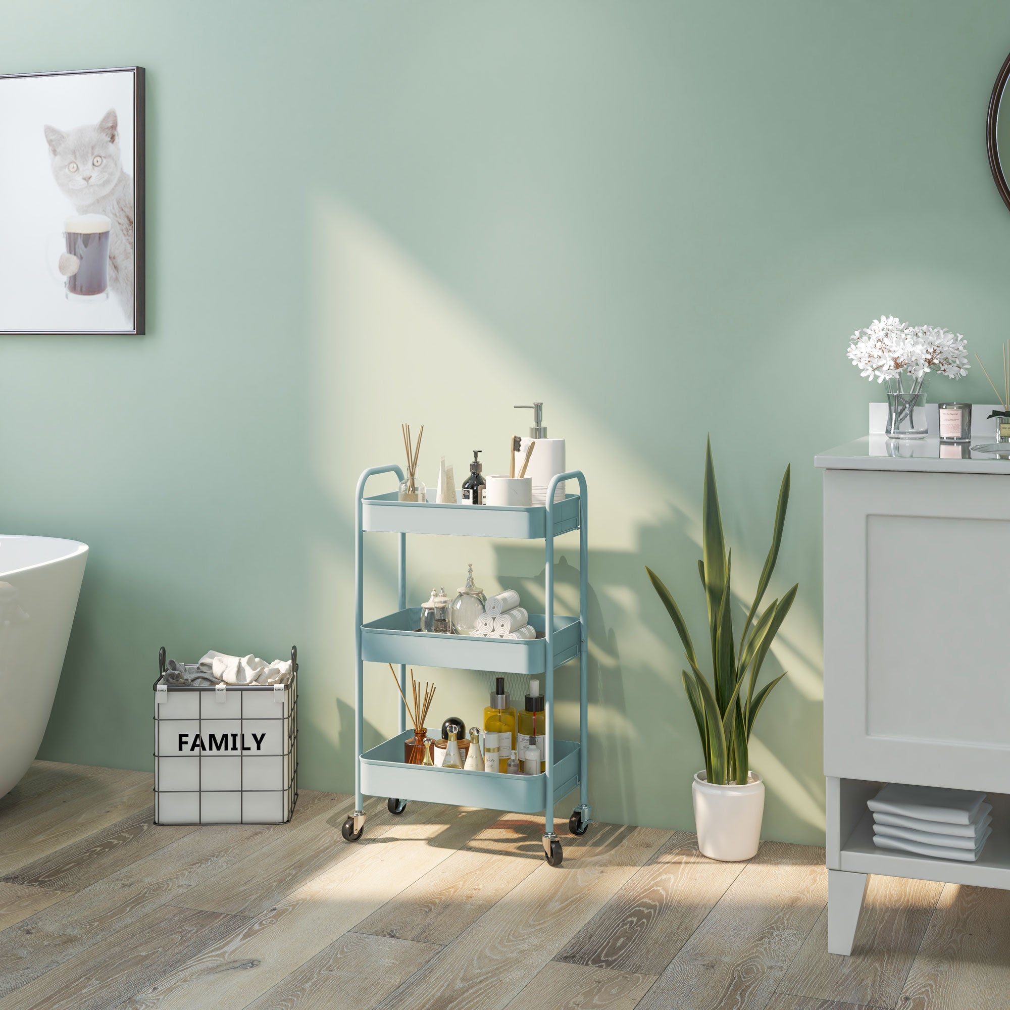 HOMCOM 3-tier Storage Trolley on Wheels, Metal Storage Cart, Rolling Ultility Cart with 3 Mesh Baskets for Living Room, Kitchen, Light Blue