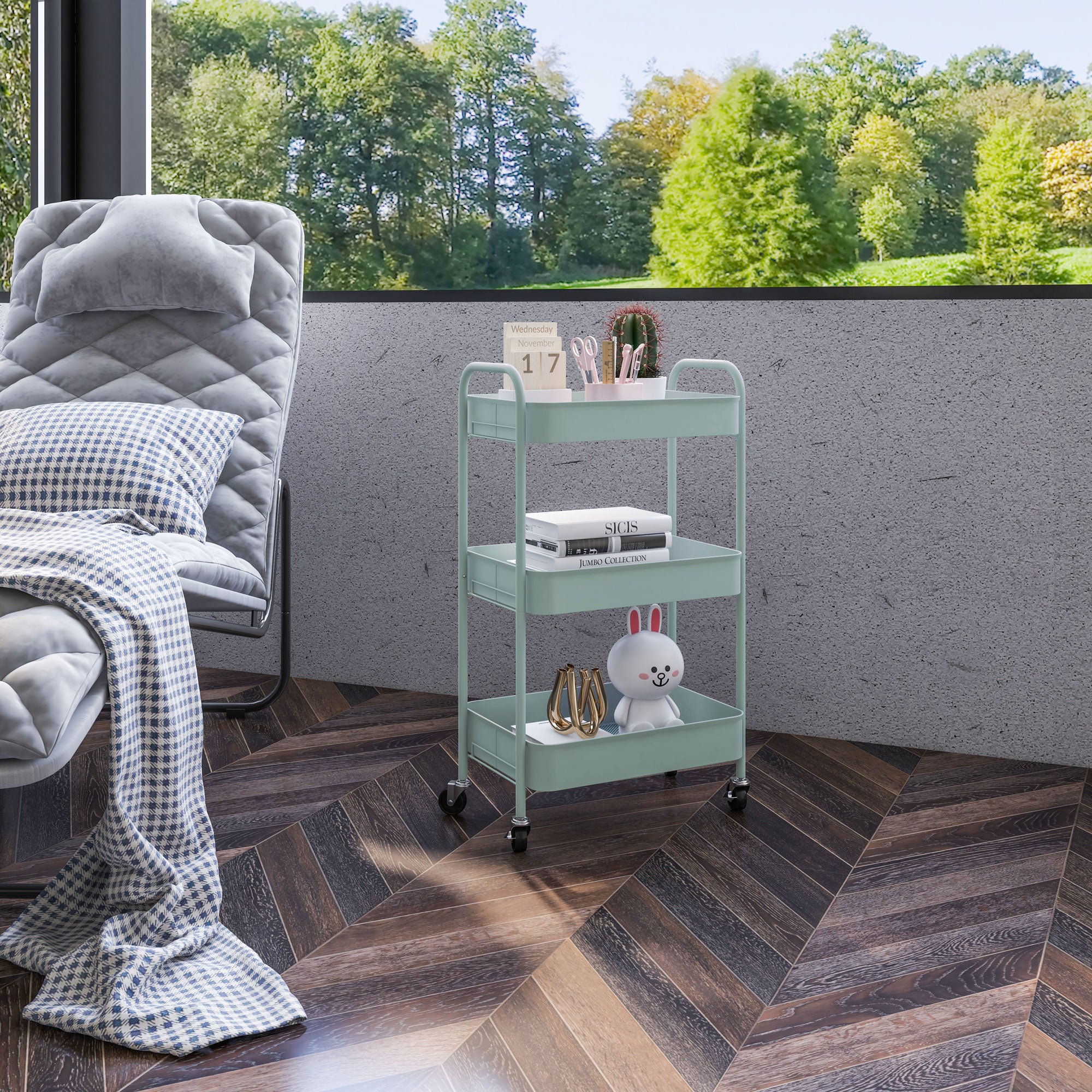 HOMCOM 3-tier Storage Trolley on Wheels, Metal Storage Cart, Rolling Ultility Cart with 3 Mesh Baskets for Living Room, Kitchen, Light Blue