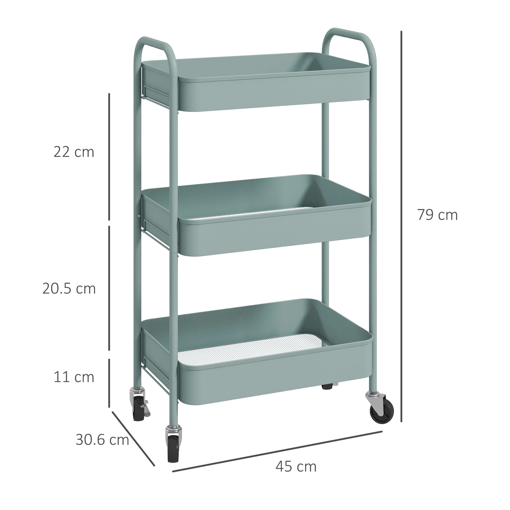HOMCOM 3-tier Storage Trolley on Wheels, Metal Storage Cart, Rolling Ultility Cart with 3 Mesh Baskets for Living Room, Kitchen, Light Blue