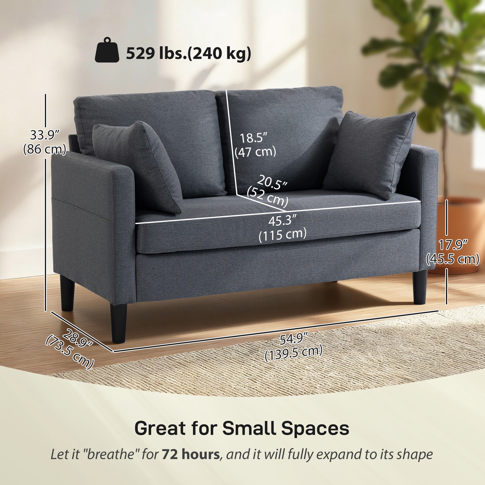 55" Loveseat Sofa, Modern Linen Upholstered Couch with Spring Cushion, 2 Pillows, 2 Seater Sofa for Living Room, Bedroom, Home Office, Dark Grey