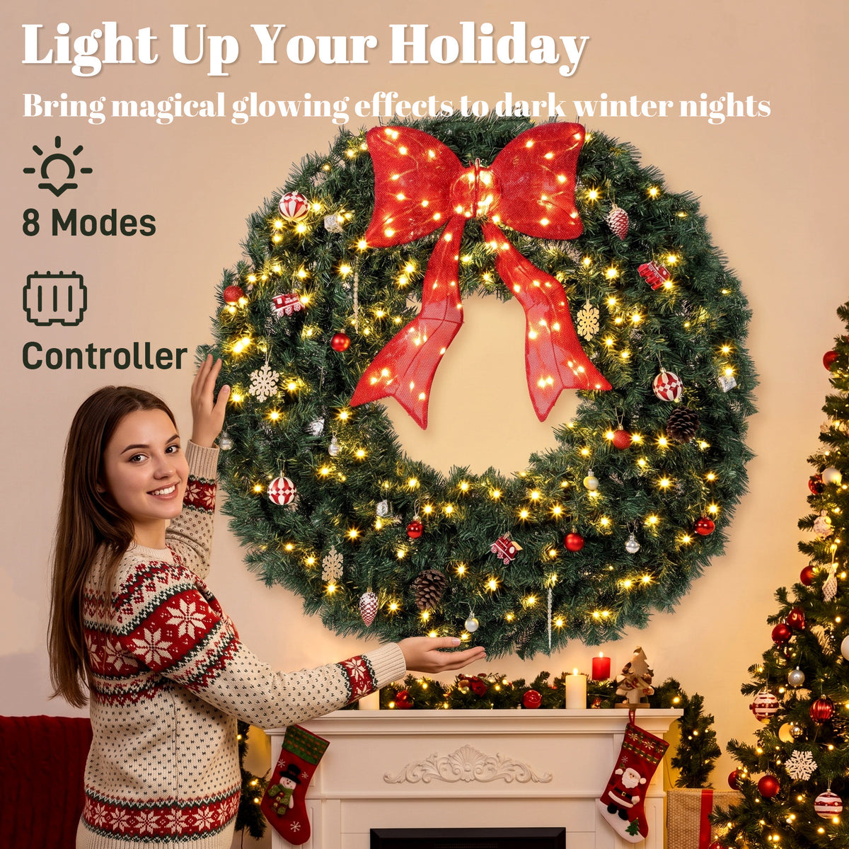 48 Inch Pre-Lit Christmas Wreath for Front Door with 200 LED Lights, Lighted Bow and 31 Ornament Set, Artificial Xmas Wreath for Covered Porch, Wall Decoration, Green