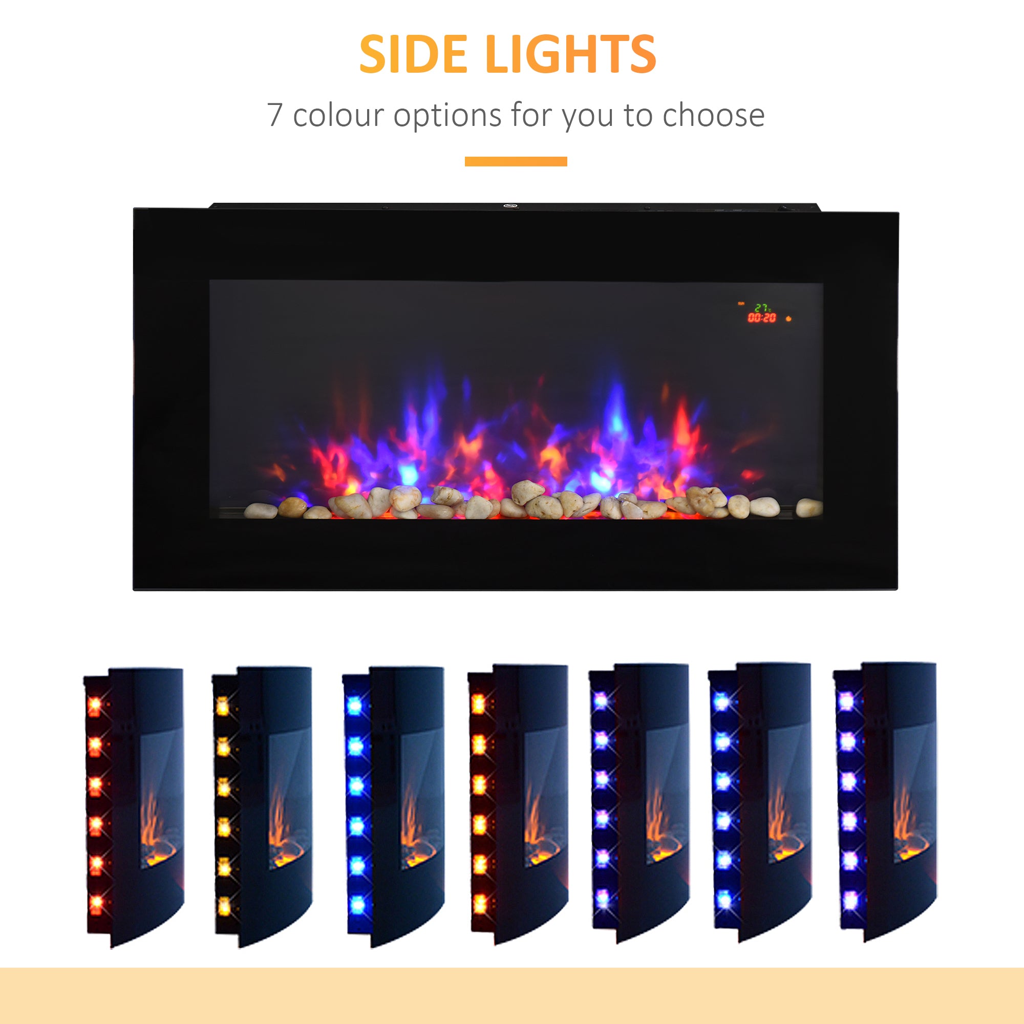 LED Wall Mounted Fireplace Curved Glass Electric Fire Place for Living Room, 1000W/2000W, 48H x 90.8W x 11.5Dcm, Black