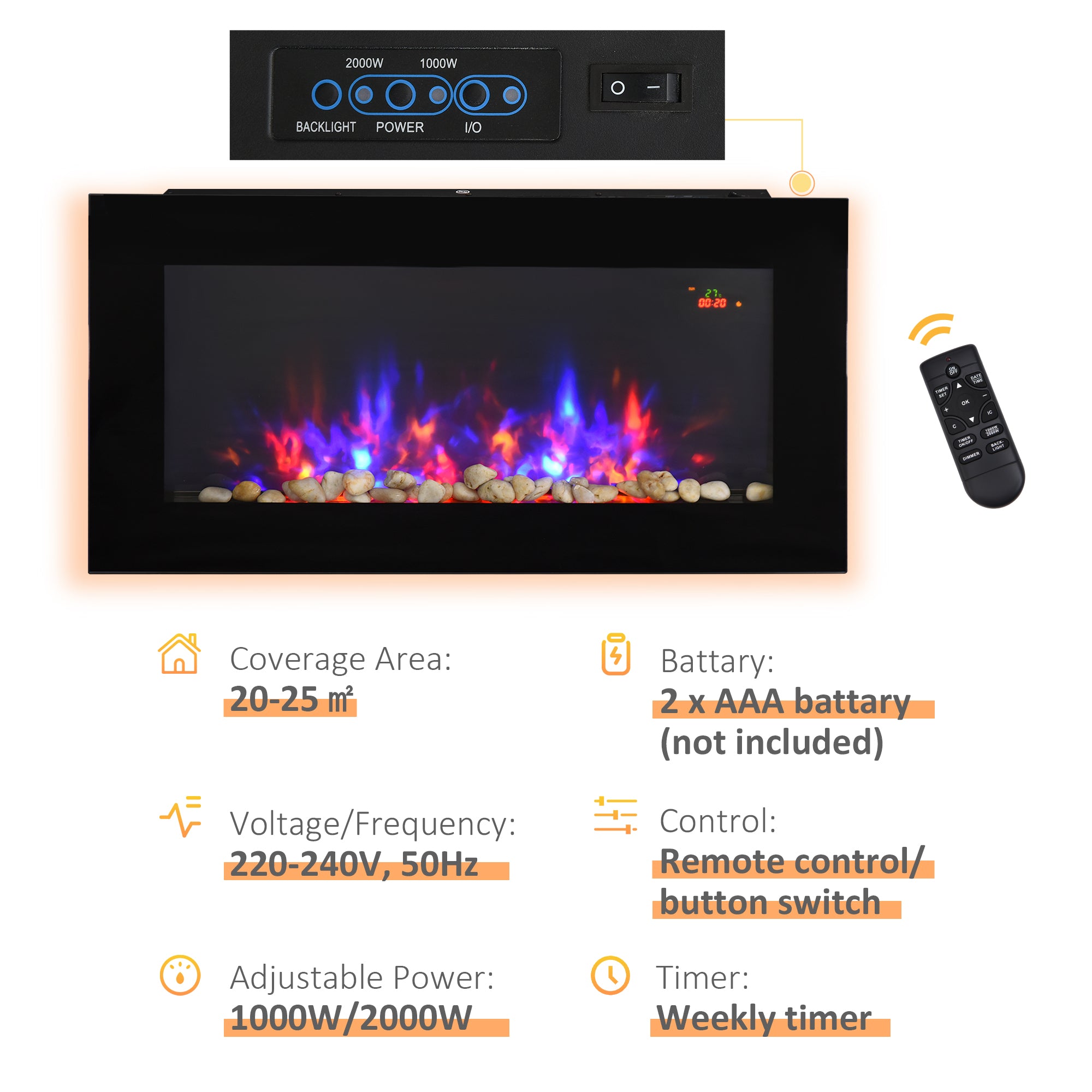 LED Wall Mounted Fireplace Curved Glass Electric Fire Place for Living Room, 1000W/2000W, 48H x 90.8W x 11.5Dcm, Black