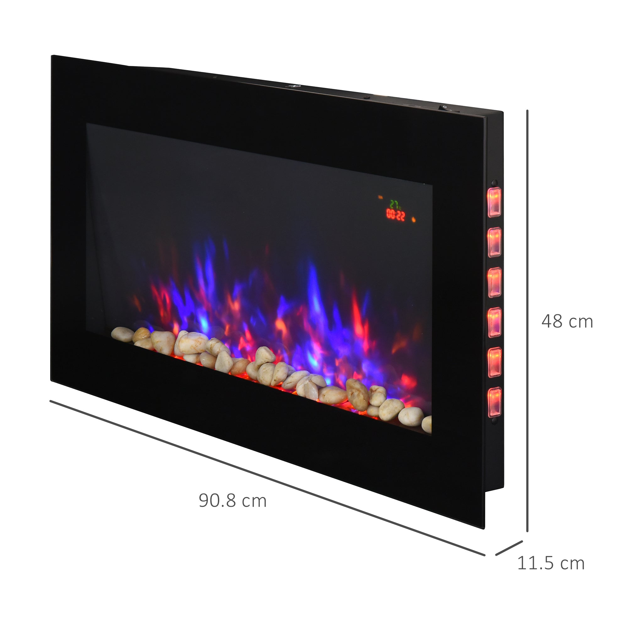 LED Wall Mounted Fireplace Curved Glass Electric Fire Place for Living Room, 1000W/2000W, 48H x 90.8W x 11.5Dcm, Black