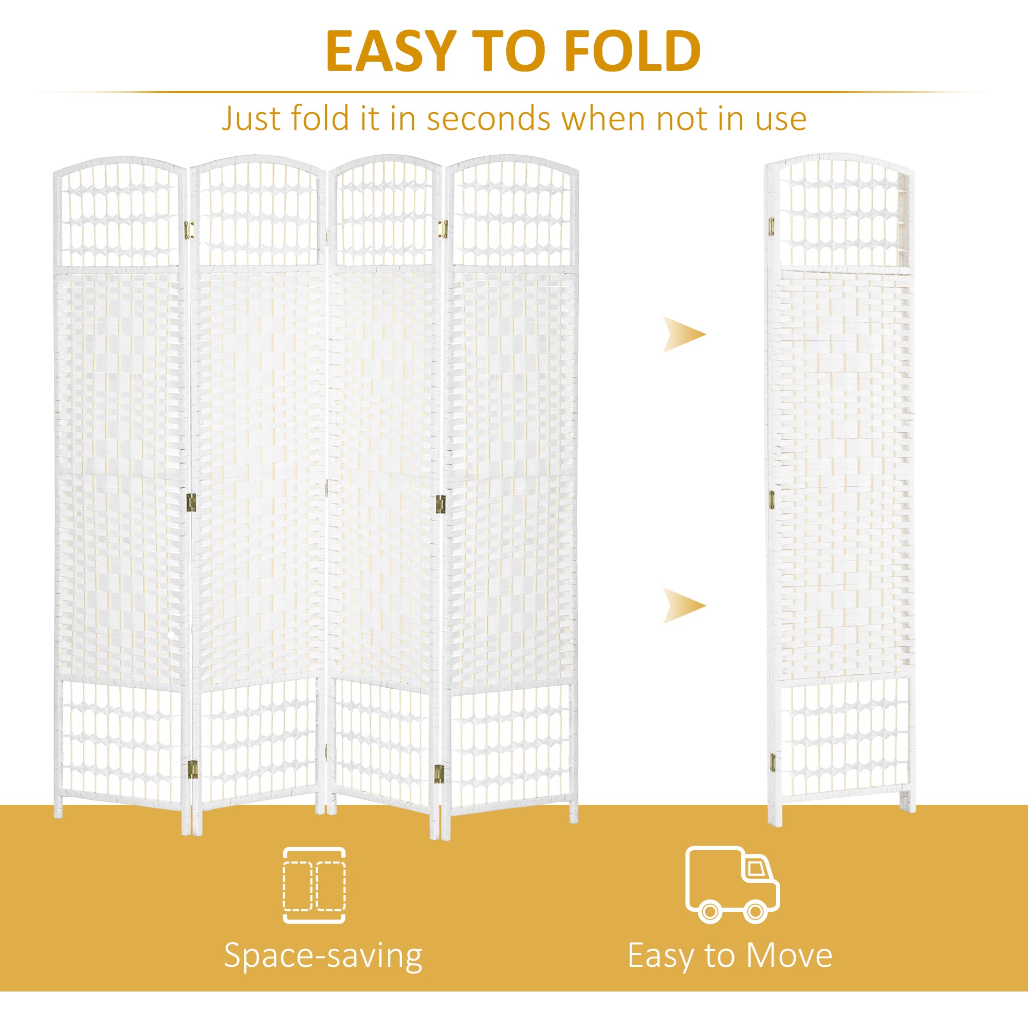 4 Panel Folding Room Divider, Portable Privacy Screen, Wave Fiber, White
