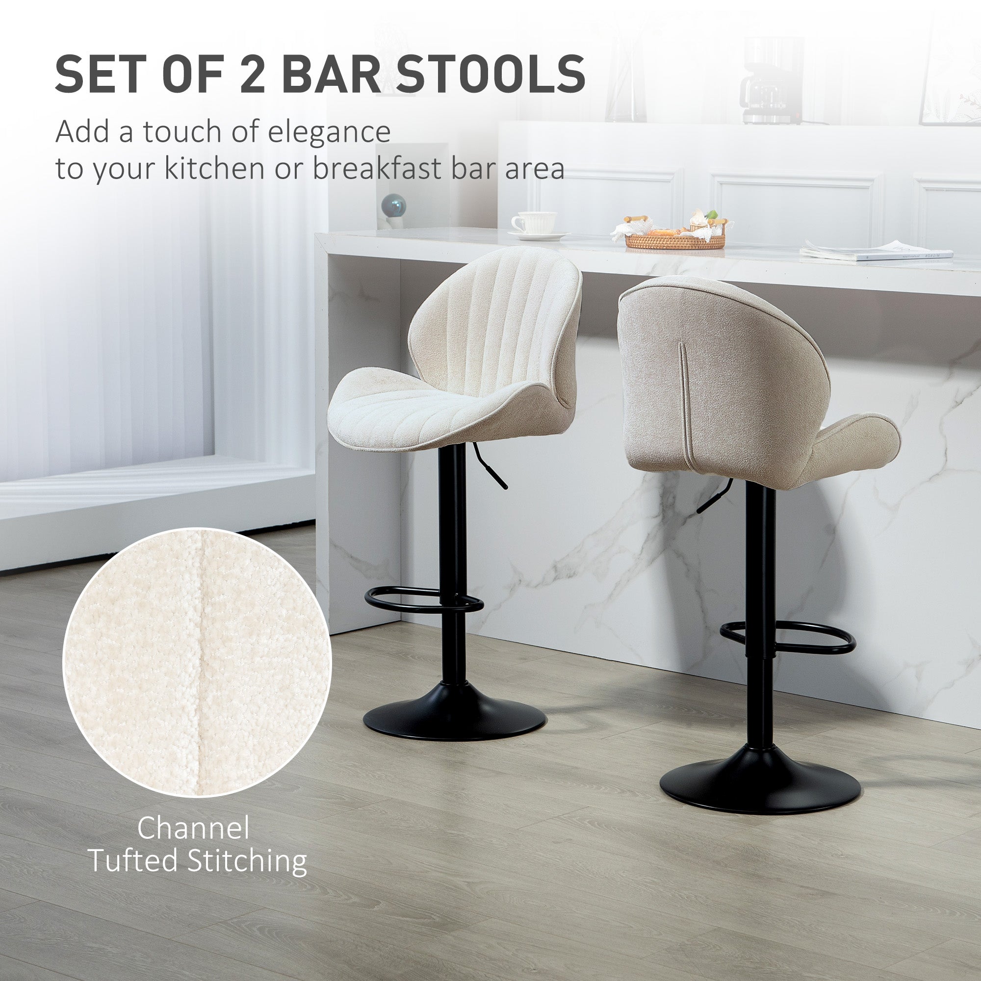 Bar Stools Set of 2, Swivel Counter Height Barstools with Back, Adjustable Height and Footrest, Chenille Upholstered Modern Bar Chairs for Kitchen Island, Dining Room, Beige