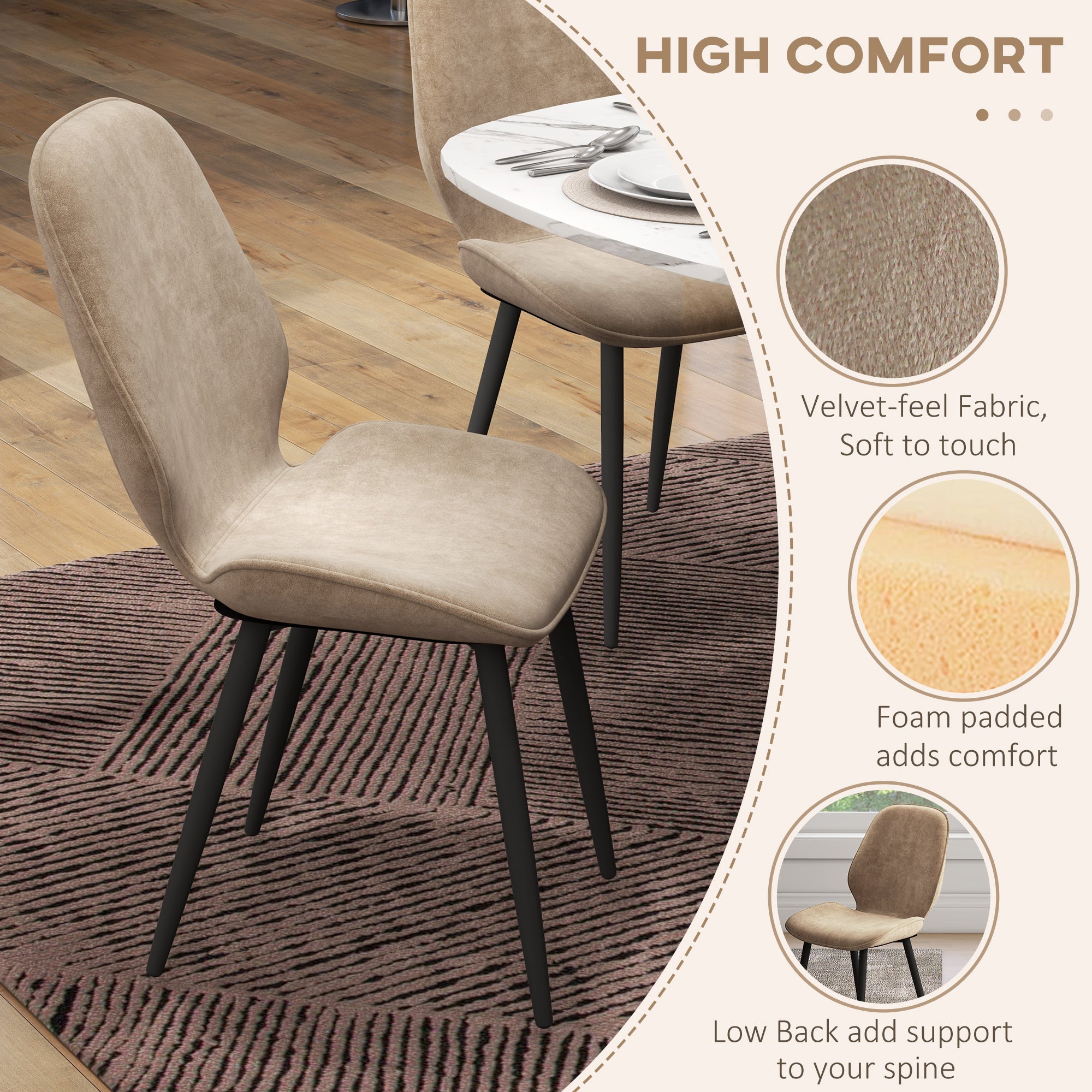 HOMCOM Dining Chairs Set of 2, Velvet Fabric Upholstered Kitchen Chairs with Solid Metal Legs for Dining Room, Living Room, Lounge, Light Brown