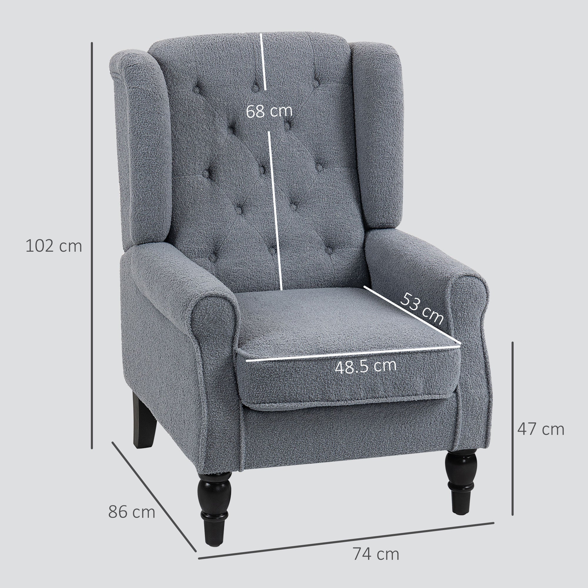 Retro Accent Chair, Teddy Fleece Wingback Armchair with Wood Frame Button Tufted Design for Living Room Bedroom, Grey