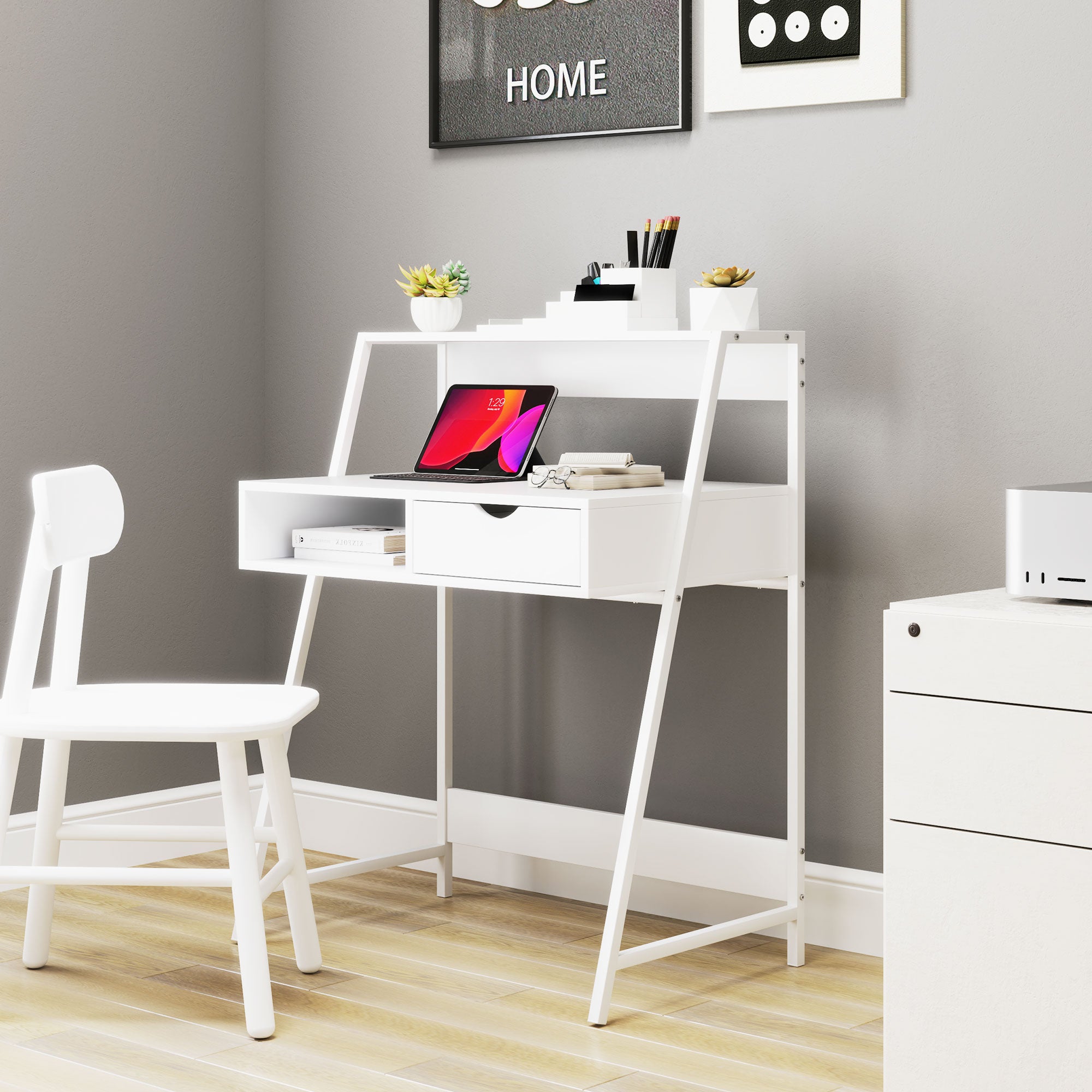 HOMCOM Home Office desk, Computer Desk for Small Spaces, Writing Table with Drawer and Storage Shelves, White