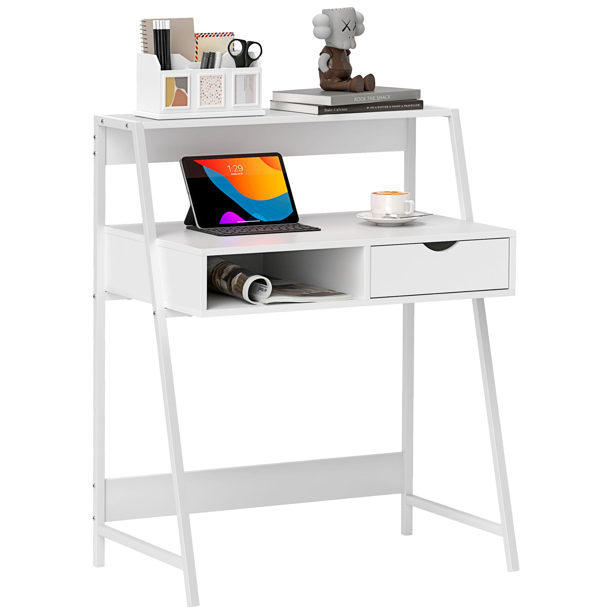 HOMCOM Home Office desk, Computer Desk for Small Spaces, Writing Table with Drawer and Storage Shelves, White