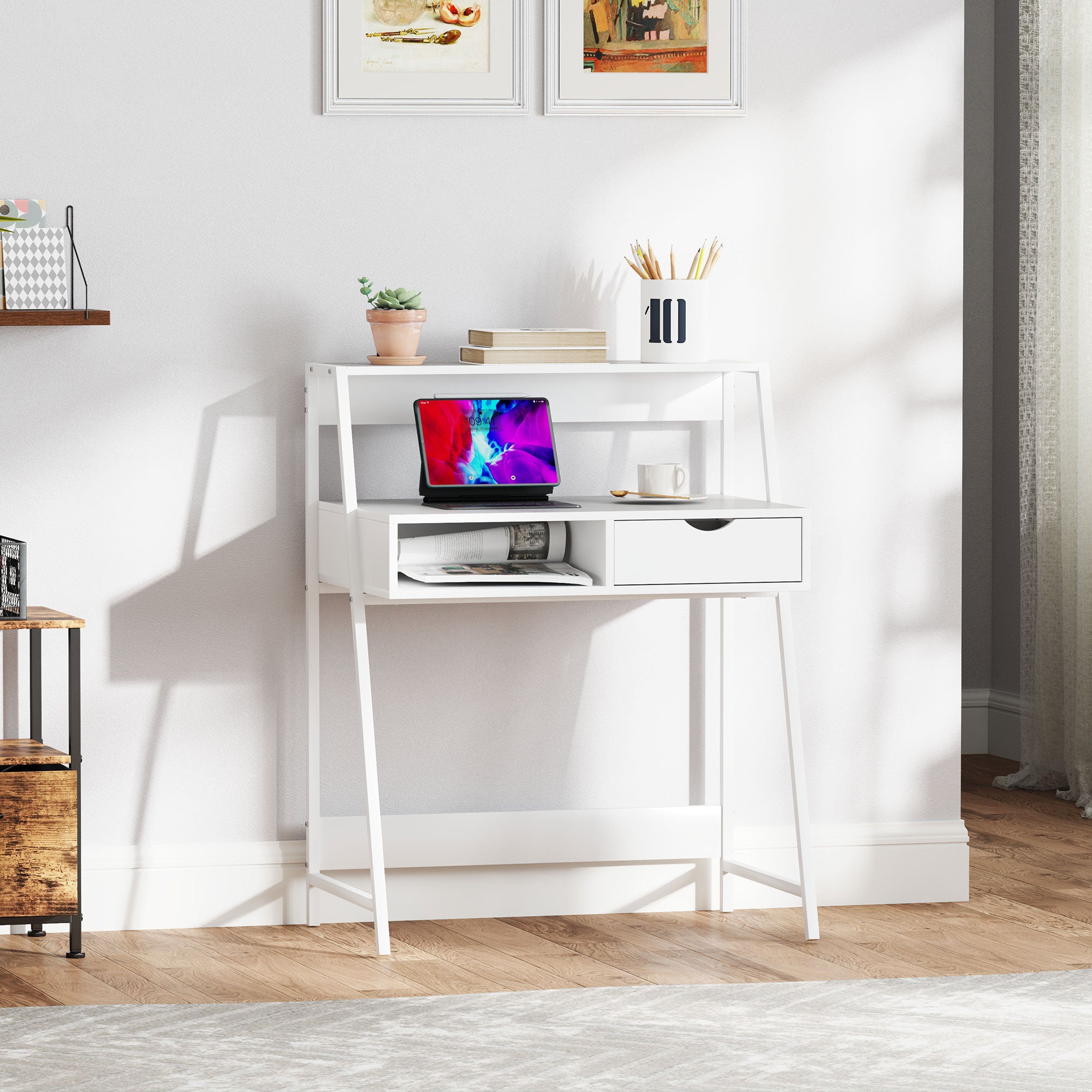 HOMCOM Home Office desk, Computer Desk for Small Spaces, Writing Table with Drawer and Storage Shelves, White