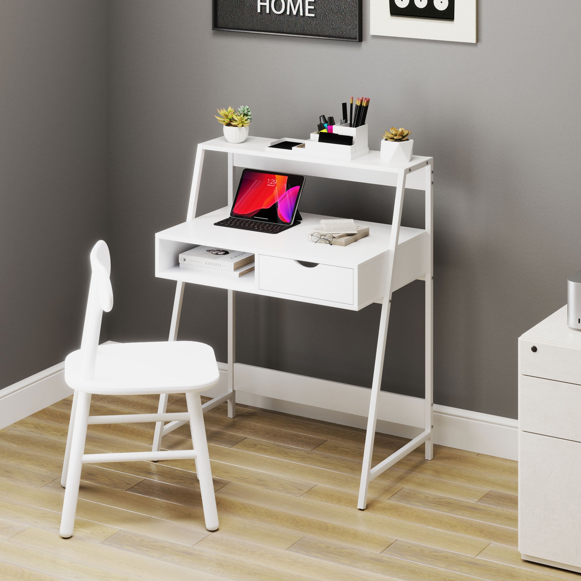 HOMCOM Home Office desk, Computer Desk for Small Spaces, Writing Table with Drawer and Storage Shelves, White