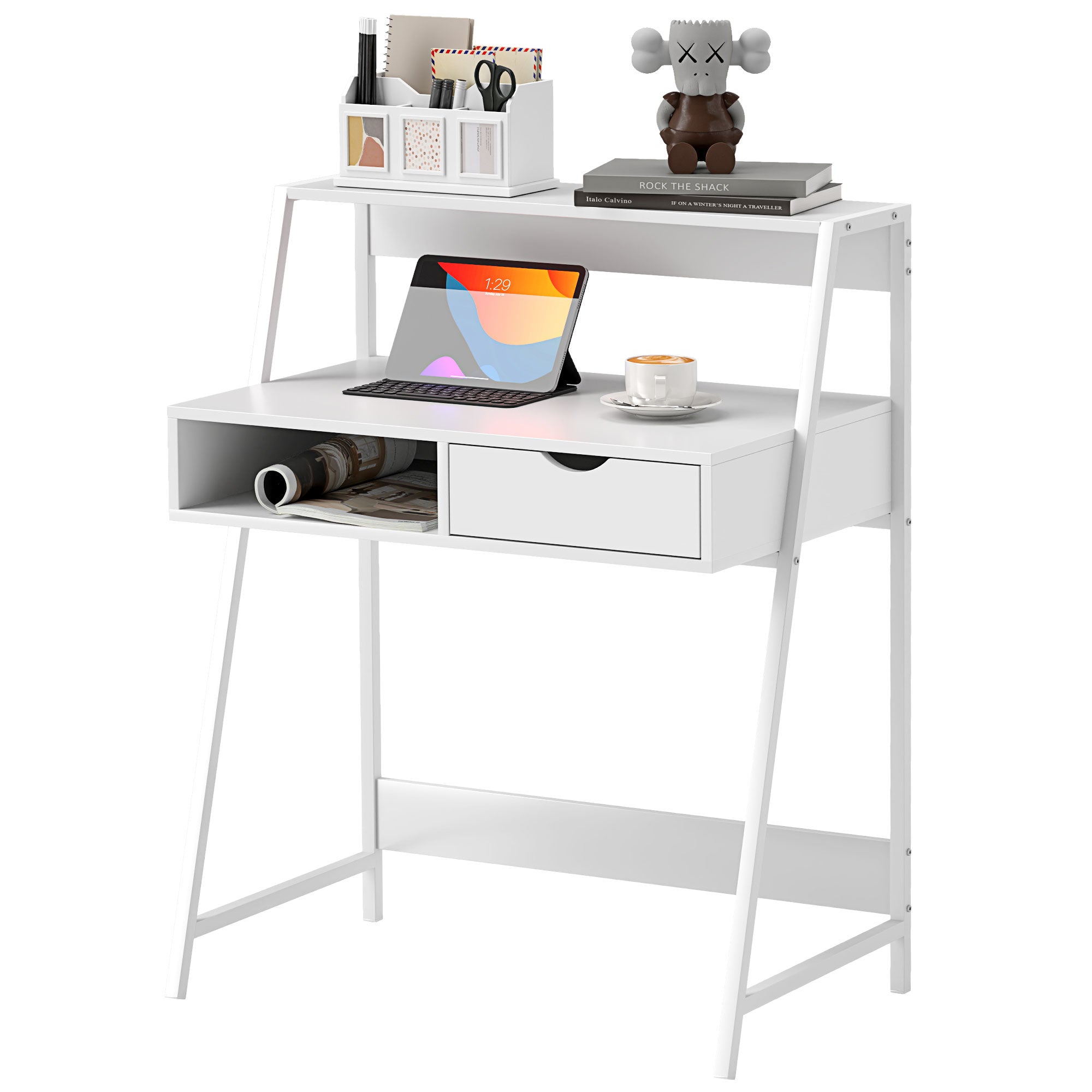 HOMCOM Home Office desk, Computer Desk for Small Spaces, Writing Table with Drawer and Storage Shelves, White