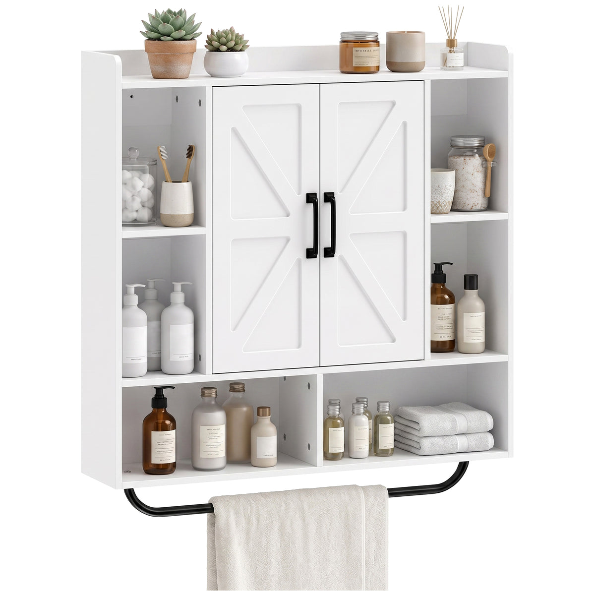 Bathroom Wall Cabinet, Medicine Cabinet Wall Mounted with Open and Hidden Storage Space, Over the Toilet Space Saver with Towel Bar for Bathroom and Living Room, White