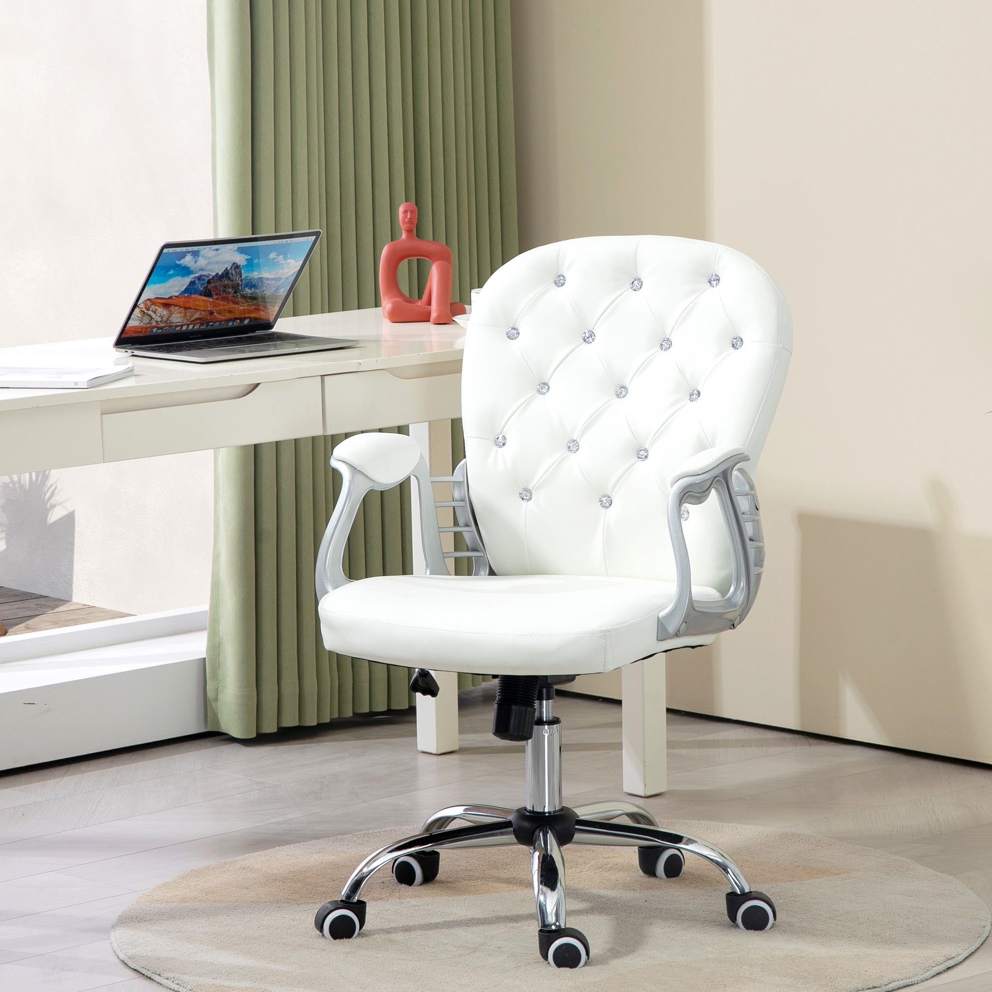 Vinsetto Office Chair, Swivel Desk Chair, PU Vanity Chair with Adjustable Height and Rolling Wheels for Home Work Study, White