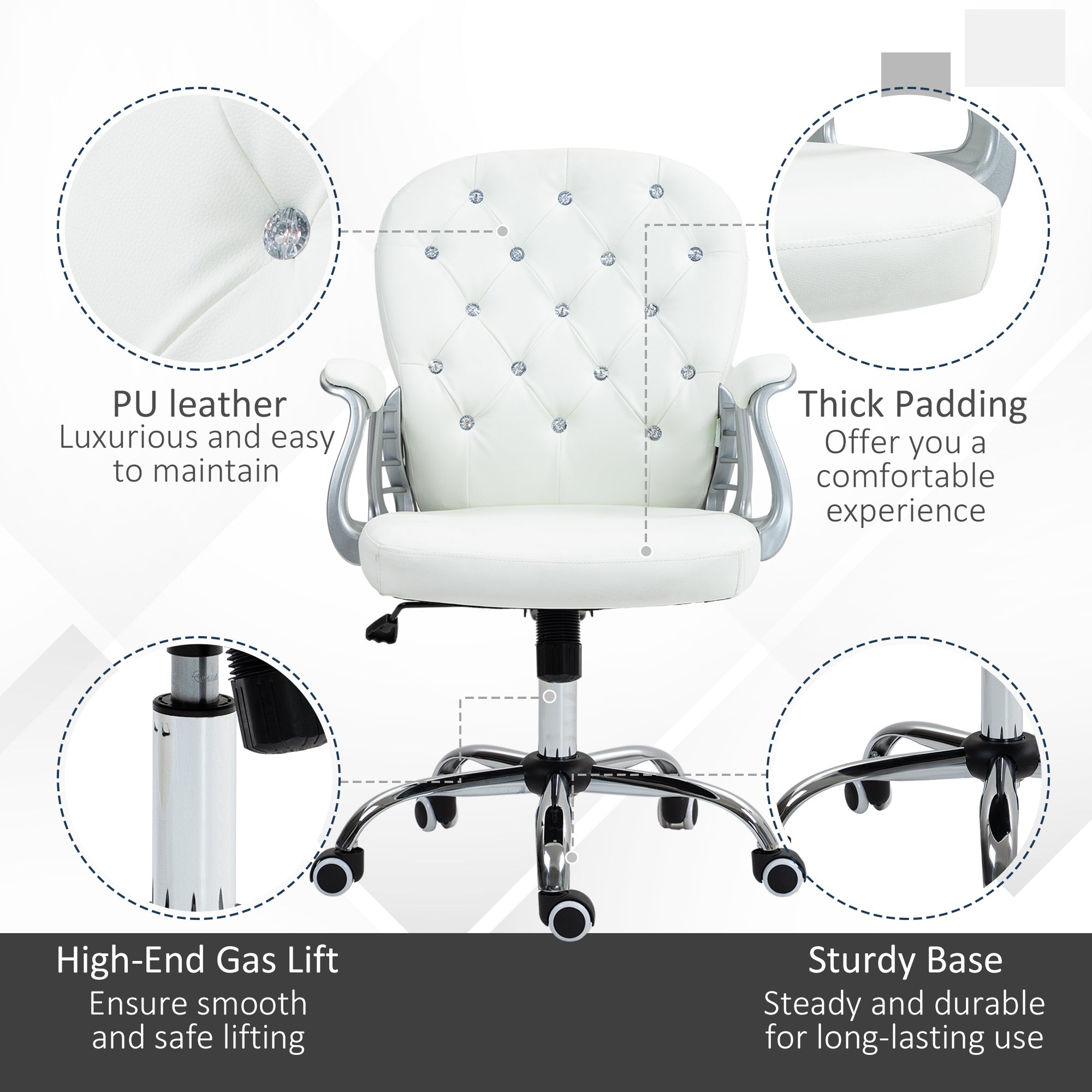 Vinsetto Office Chair, Swivel Desk Chair, PU Vanity Chair with Adjustable Height and Rolling Wheels for Home Work Study, White