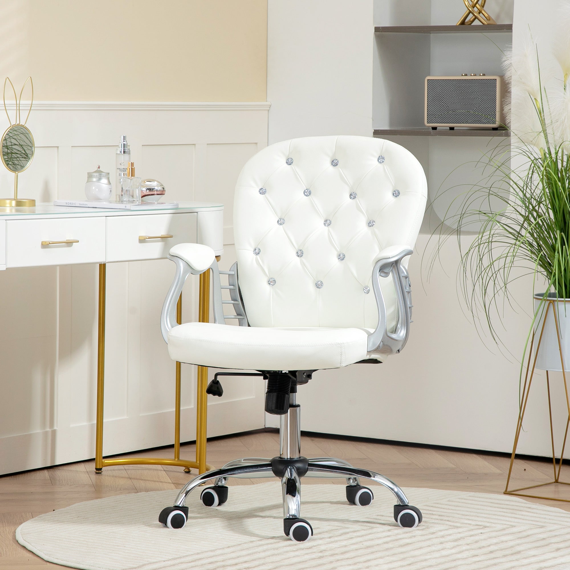 Vinsetto Office Chair, Swivel Desk Chair, PU Vanity Chair with Adjustable Height and Rolling Wheels for Home Work Study, White