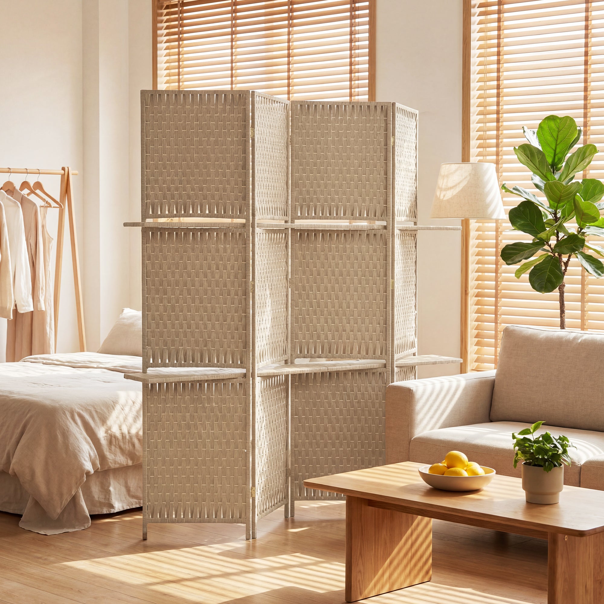 4-Panel Room Divider with Shelves, Wave Fibre Freestanding Folding Privacy Screen Panels, Partition Wall Divider for Indoor Bedroom Office, 180 cm, Natural Wood Finish