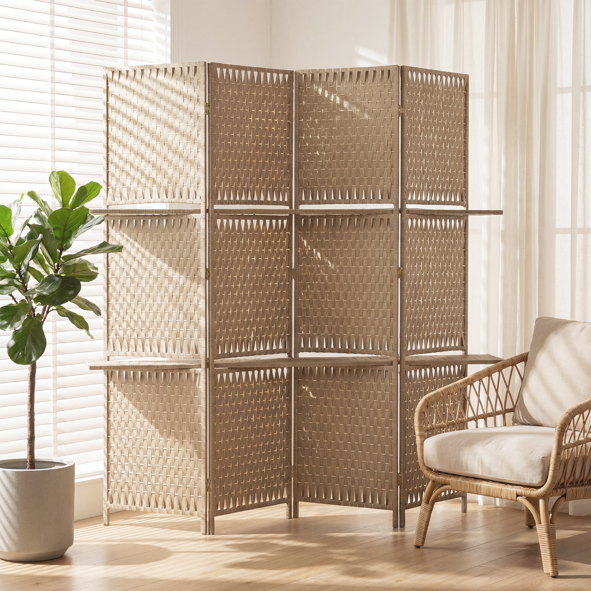 4-Panel Room Divider with Shelves, Wave Fibre Freestanding Folding Privacy Screen Panels, Partition Wall Divider for Indoor Bedroom Office, 180 cm, Natural Wood Finish