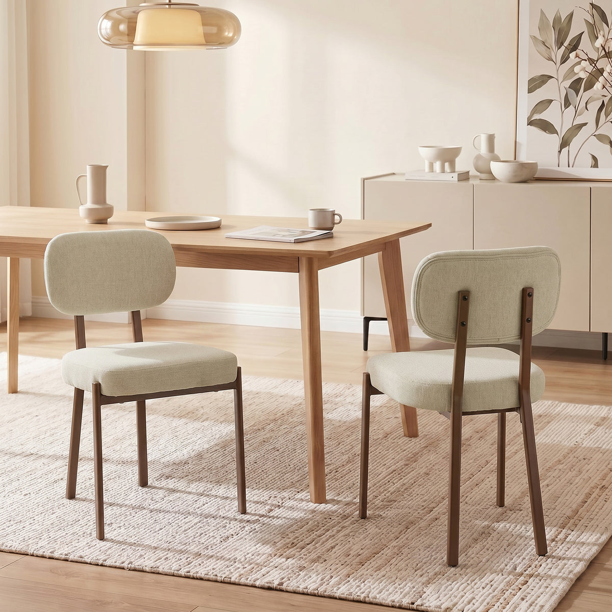 Modern Dining Chairs Set of 2, Upholstered Linen Fabric Kitchen Chairs with Metal Legs and Wide Padded Seat for Kitchen, Living Room, Beige