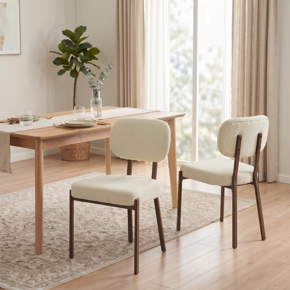 Modern Dining Chairs Set of 2, Upholstered Linen Fabric Kitchen Chairs with Metal Legs and Wide Padded Seat for Kitchen, Living Room, Beige
