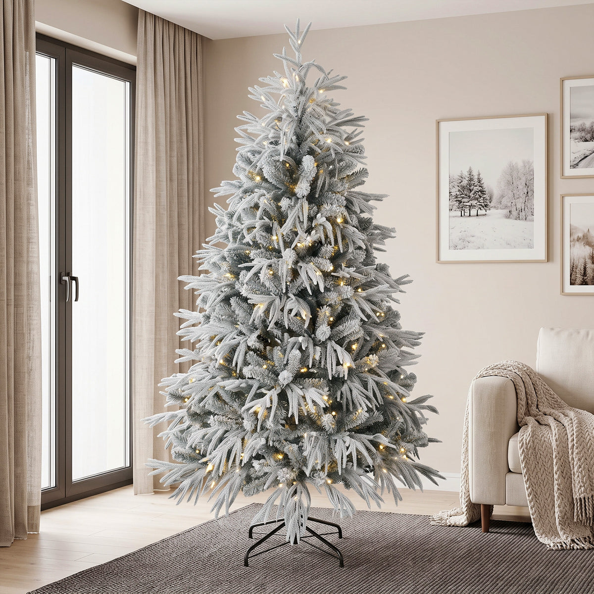 6ft Prelit Flocked Christmas Tree, Artificial Norfolk Pine Downswept Hinged Xmas Tree with 250 Warm White LED Lights, 8 Modes, 553 Tips, Steel Stand, Green and White