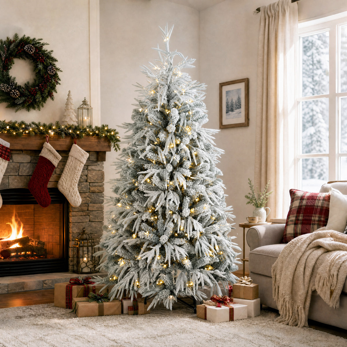6ft Prelit Flocked Christmas Tree, Artificial Norfolk Pine Downswept Hinged Xmas Tree with 250 Warm White LED Lights, 8 Modes, 553 Tips, Steel Stand, Green and White