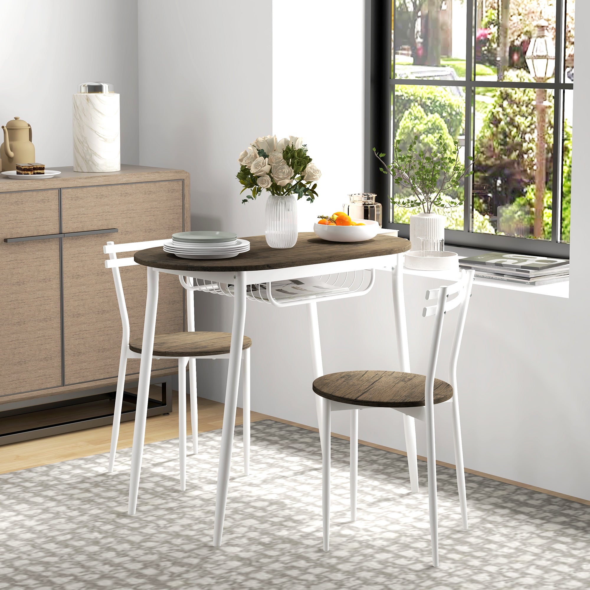 HOMCOM 3-Piece Dining Table and Chairs Set, Oval Kitchen Table with 2 Chairs, with Wire Storage Shelf and Steel Frame, Natural