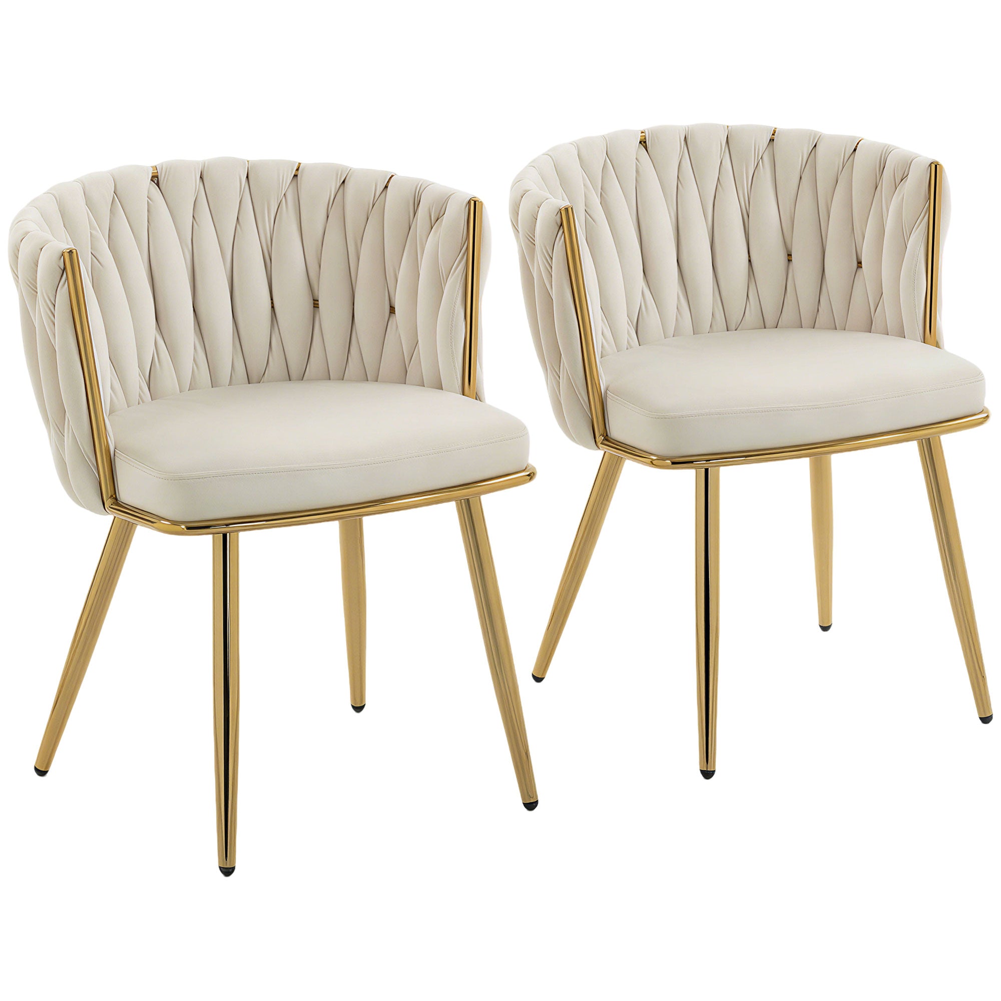 Modern Dining Chairs Set of 2, Velvet-Feel Upholstered Kitchen Chairs with Woven Backrest and Armrests, Metal Legs and Padded Seat for Dining Room, Living Room, Cream White