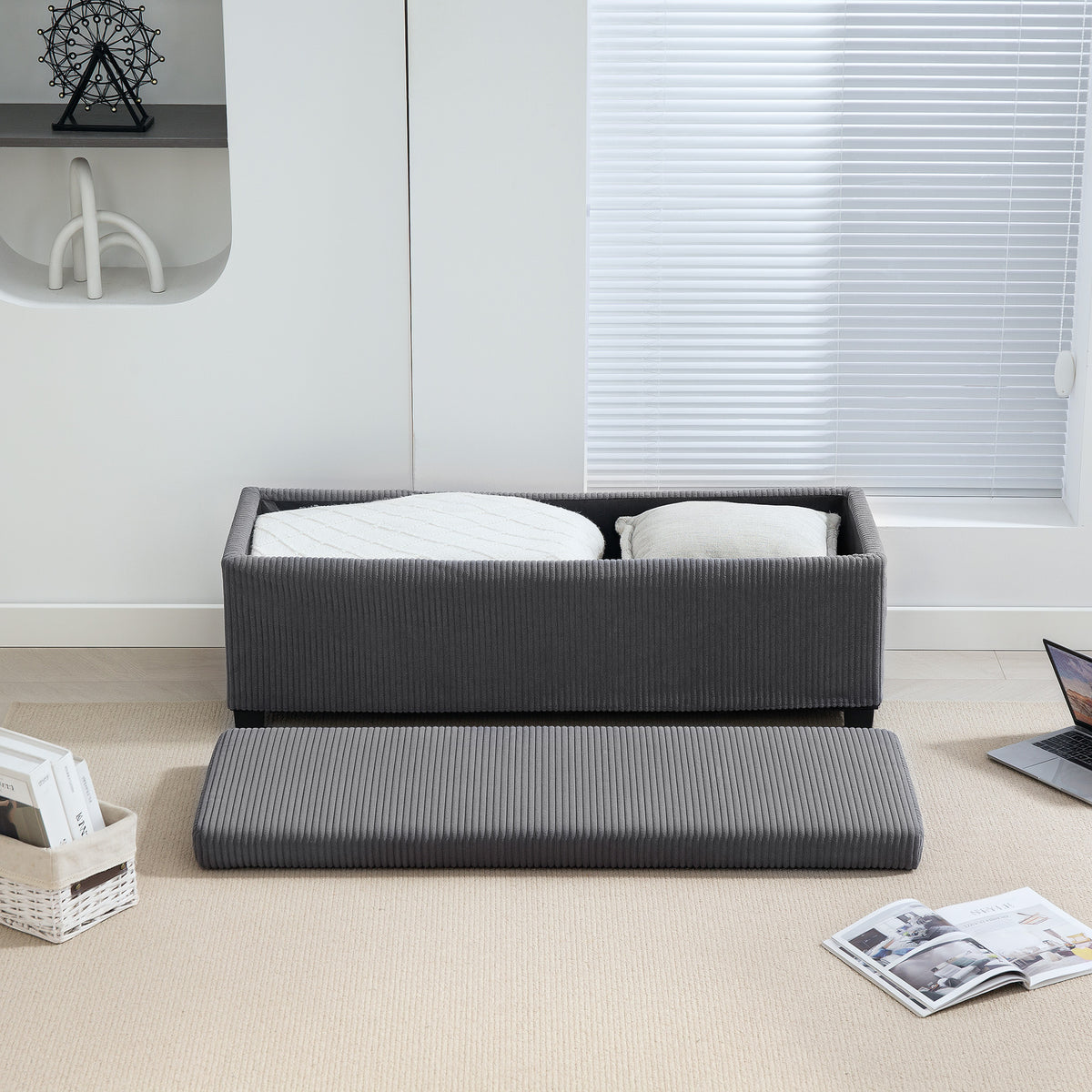 Storage Ottoman Bench, Corduroy Bedroom Bench with Storage, Removable Lid, Legs, 44 Inches Foot Stool for Living Room, Bedroom, Entryway, Grey