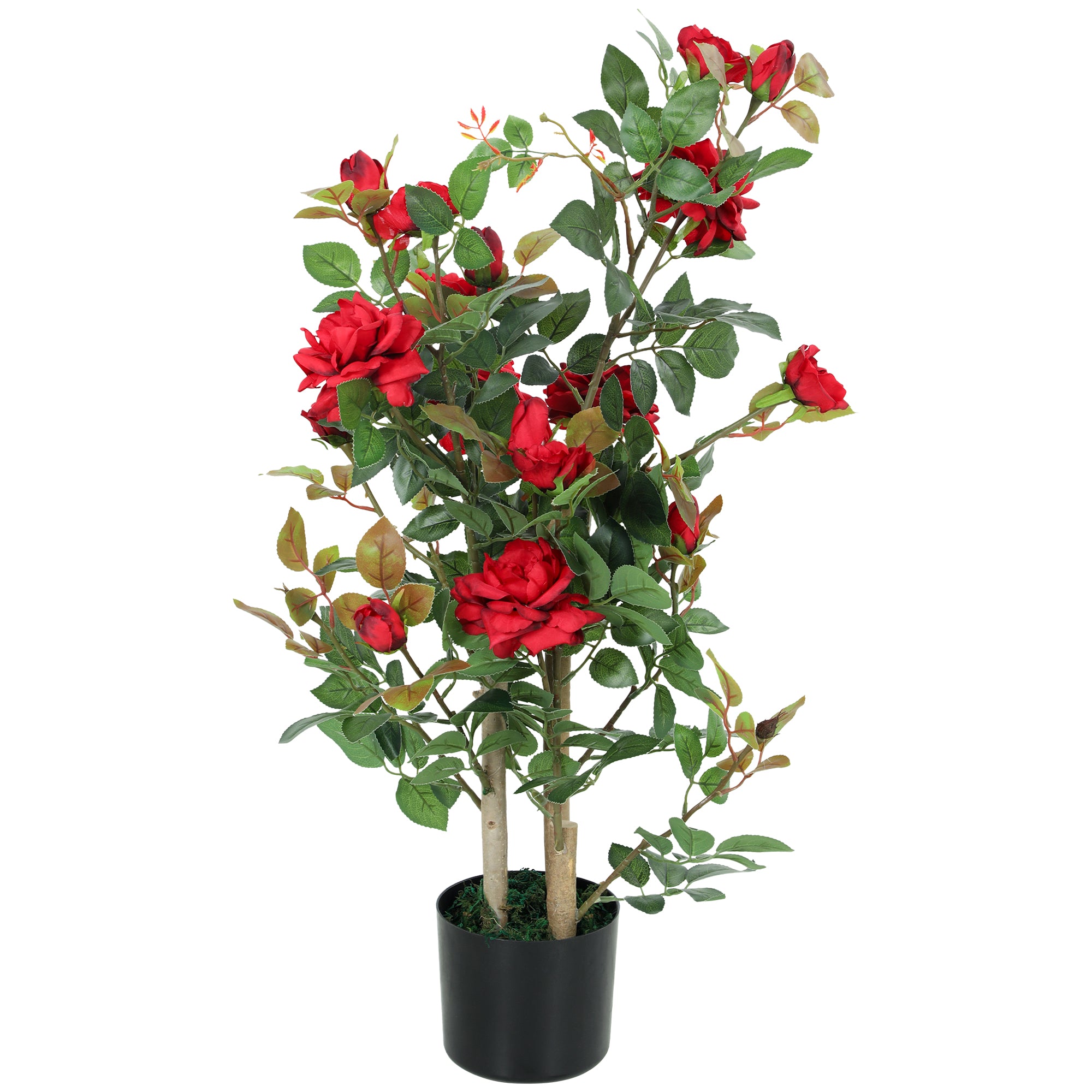 90cm Artificial Rose Tree, Decorative Fake Plant with 344 Silk Leaves and 17 Flowers, UV-Resistant Faux Tree for Outdoor Indoor Garden Porch Decor, Red