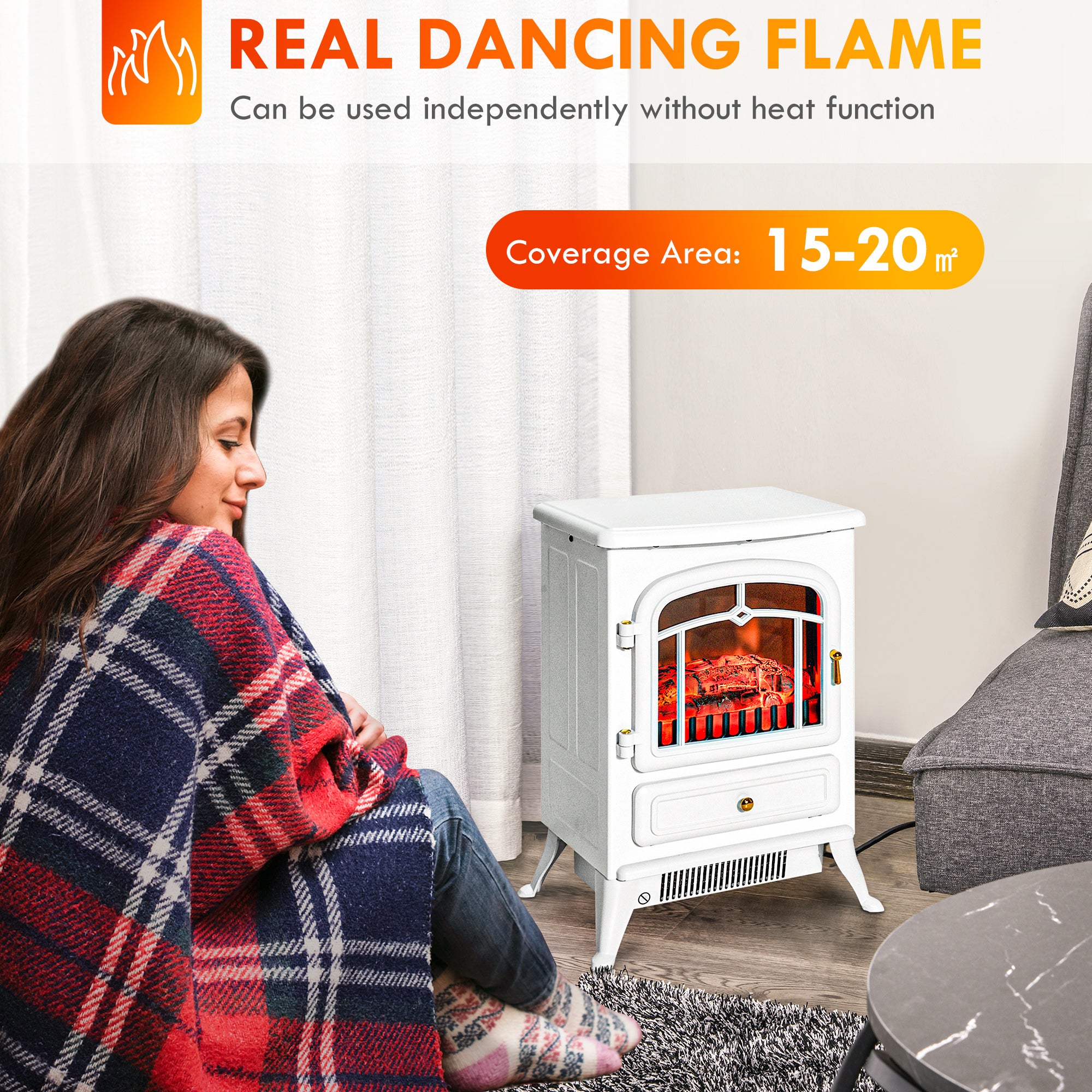 22" Electric Fireplace Heater with Realistic LED Flames & Overheat Protection, White