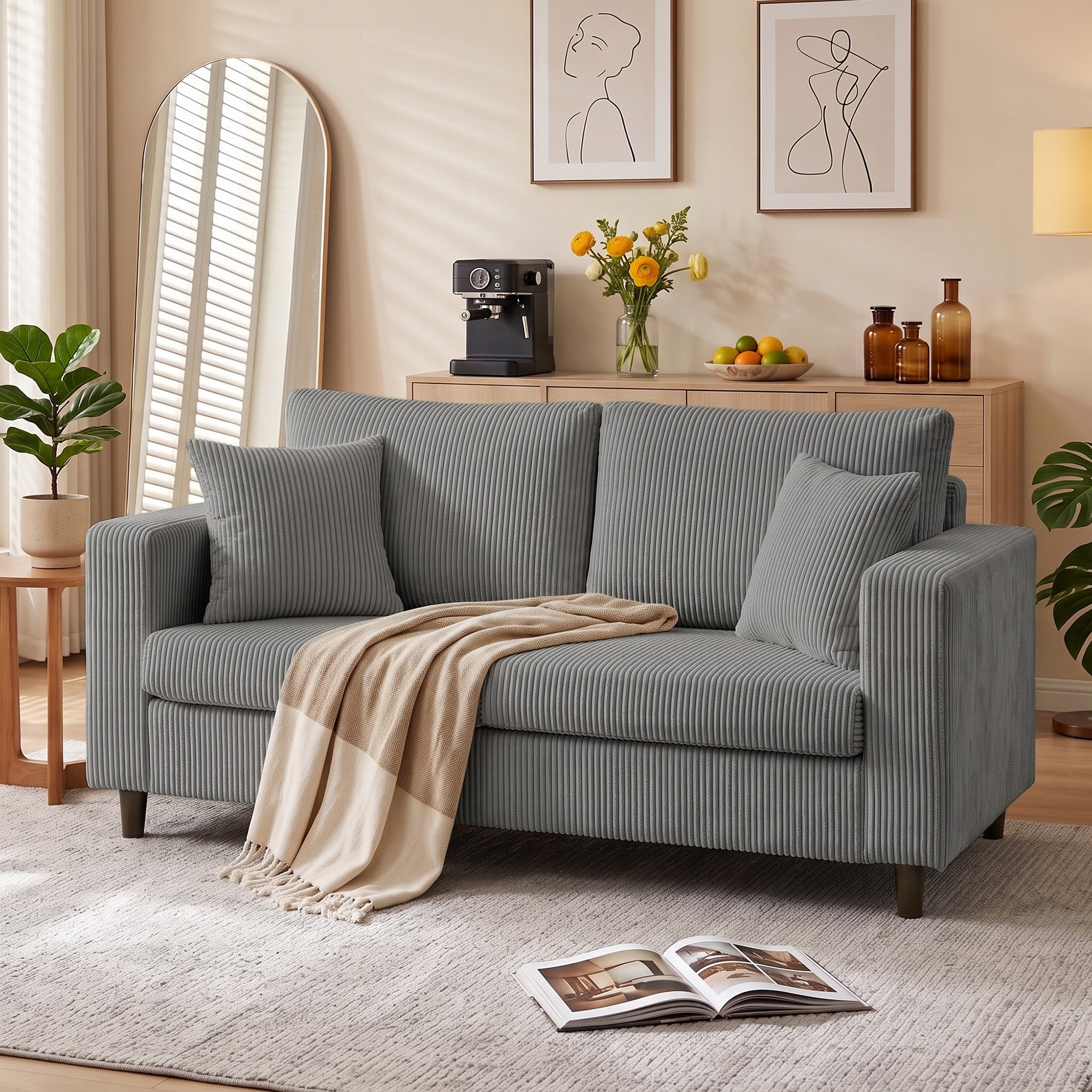 2 Seater Sofa, 170 cm Comfy Corduroy Couch with Wide Deep Seat, Wide Armrests, Spring Cushion, Thick Padded, Solid Wood Legs, Loveseat Sofa for Living Room, Light Grey